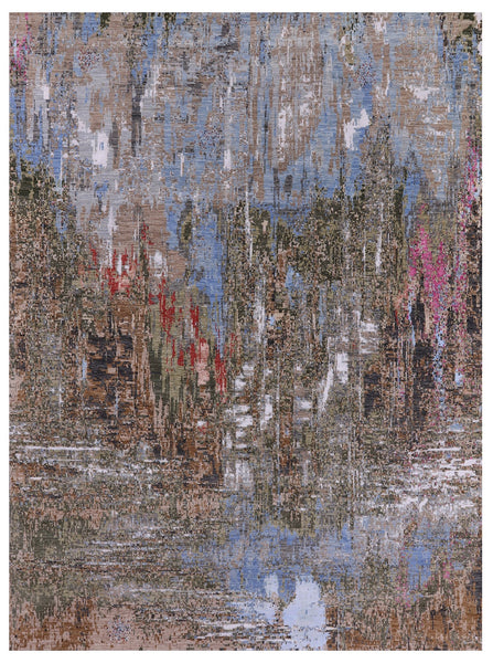 Abstract Modern Hand Knotted Wool & Silk Rug - 9' 0" X 12' 0" - Golden Nile