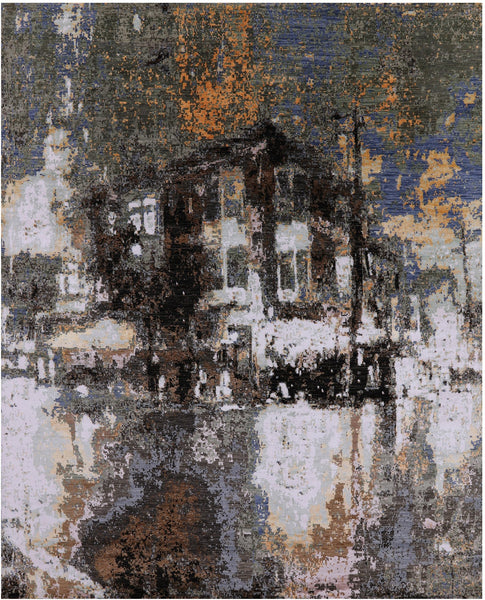 House In The Hills Design Modern Hand Knotted Wool & Silk Rug - 8' 0" X 9' 11" - Golden Nile