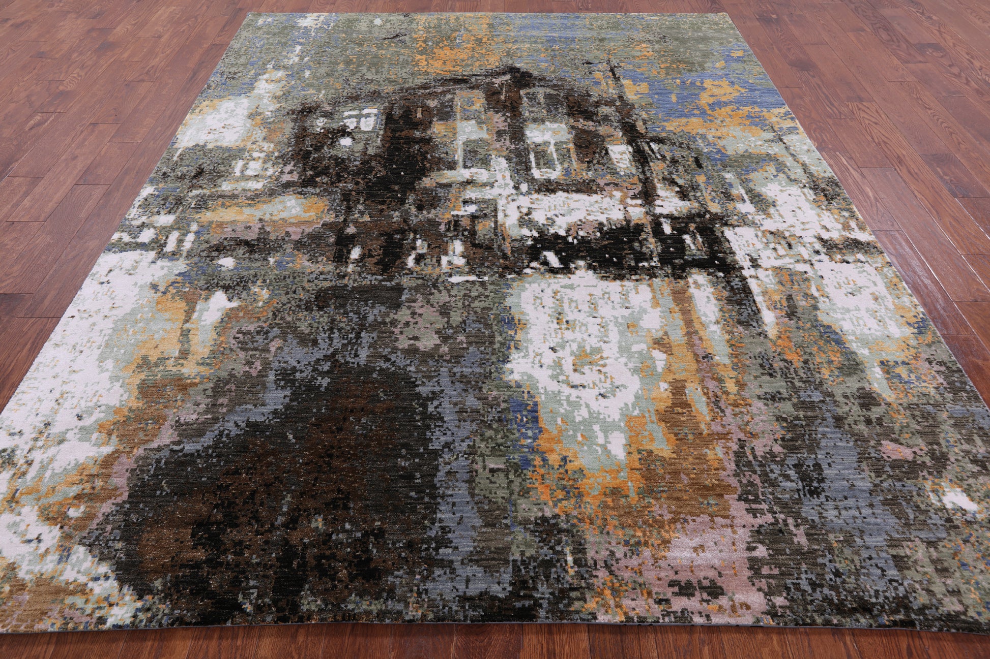 House In The Hills Design Modern Hand Knotted Wool & Silk Rug - 8' 0" X 9' 11" - Golden Nile