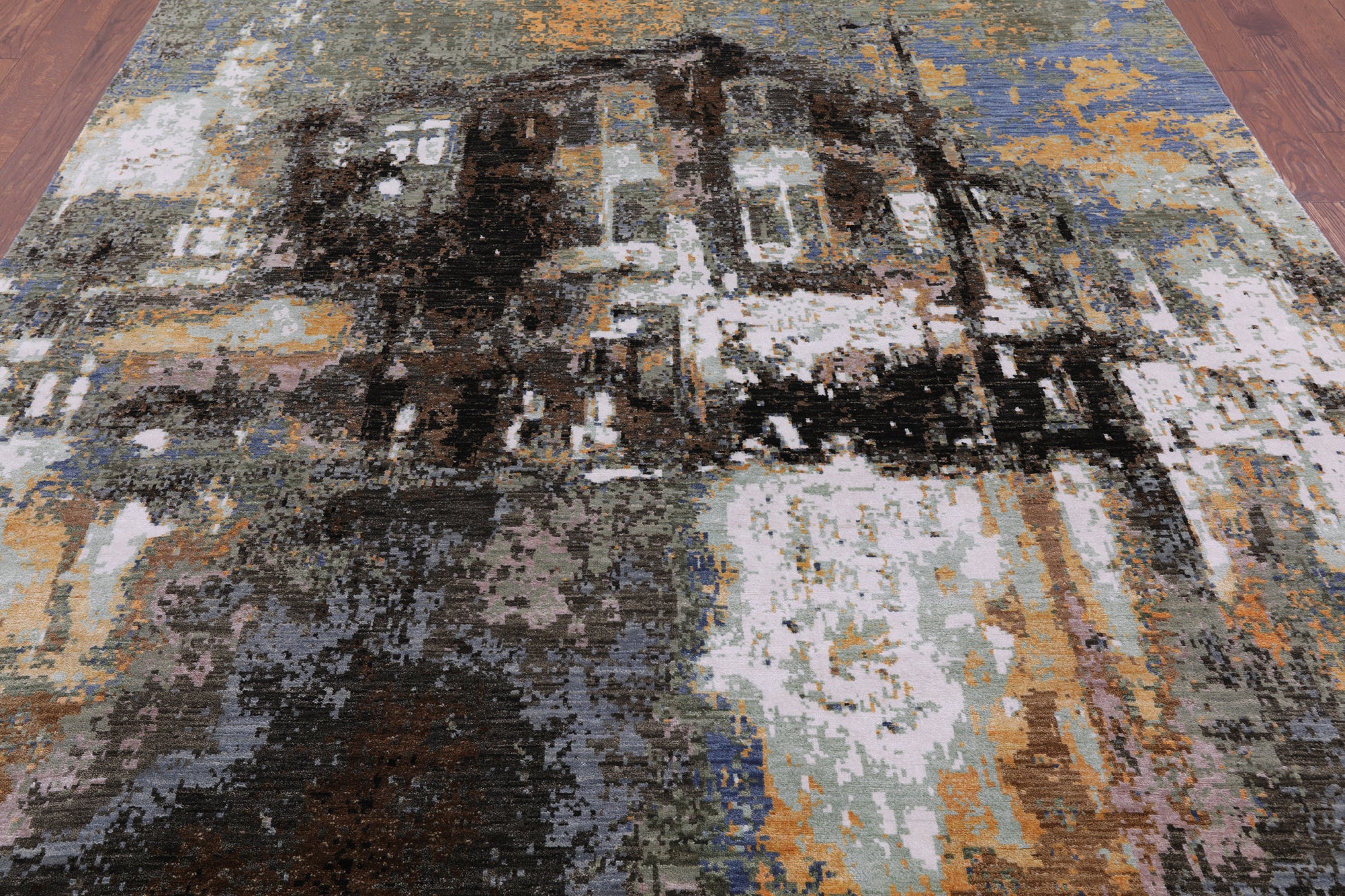 House In The Hills Design Modern Hand Knotted Wool & Silk Rug - 8' 0" X 9' 11" - Golden Nile