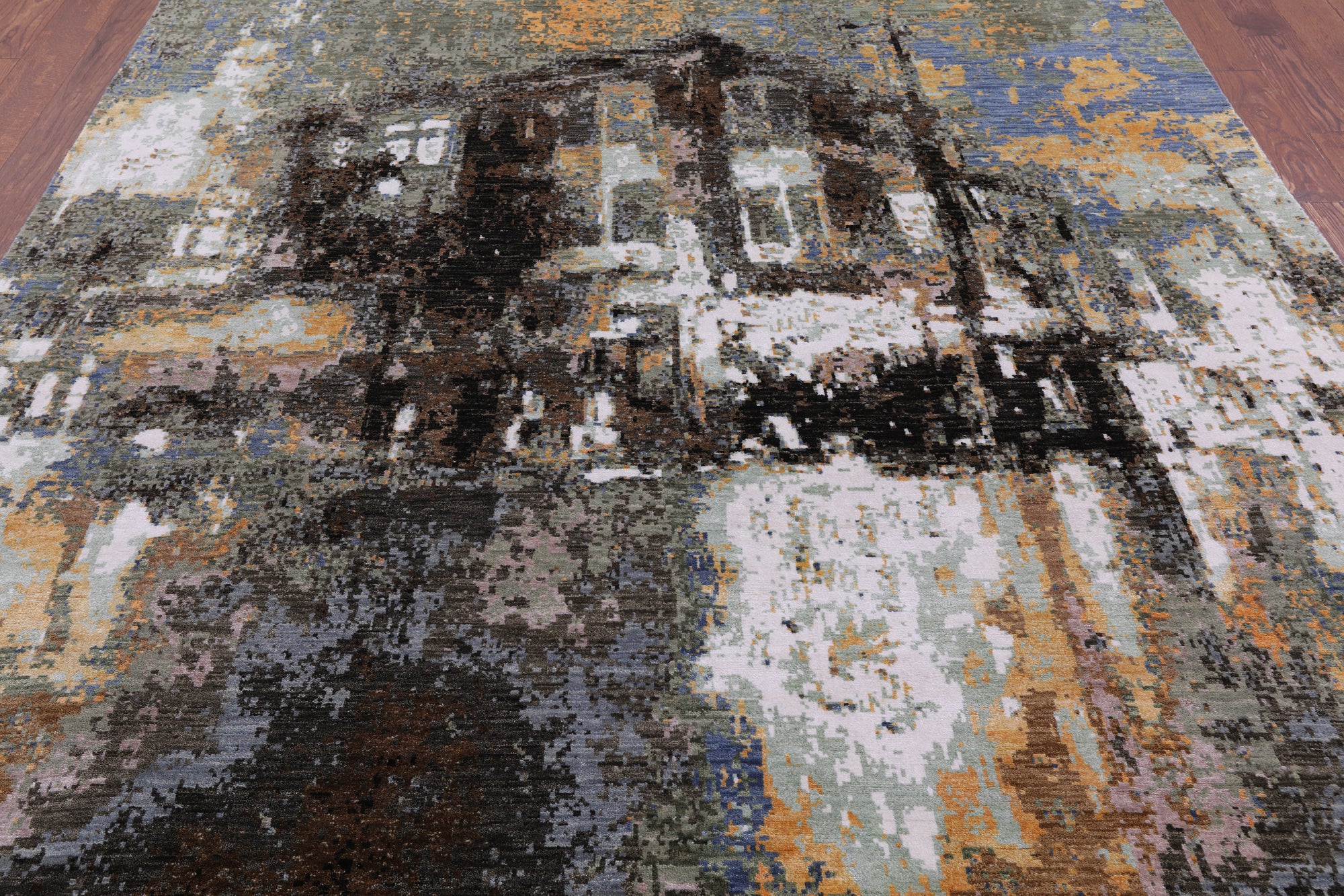 House In The Hills Design Modern Hand Knotted Wool & Silk Rug - 8' 0" X 9' 11" - Golden Nile