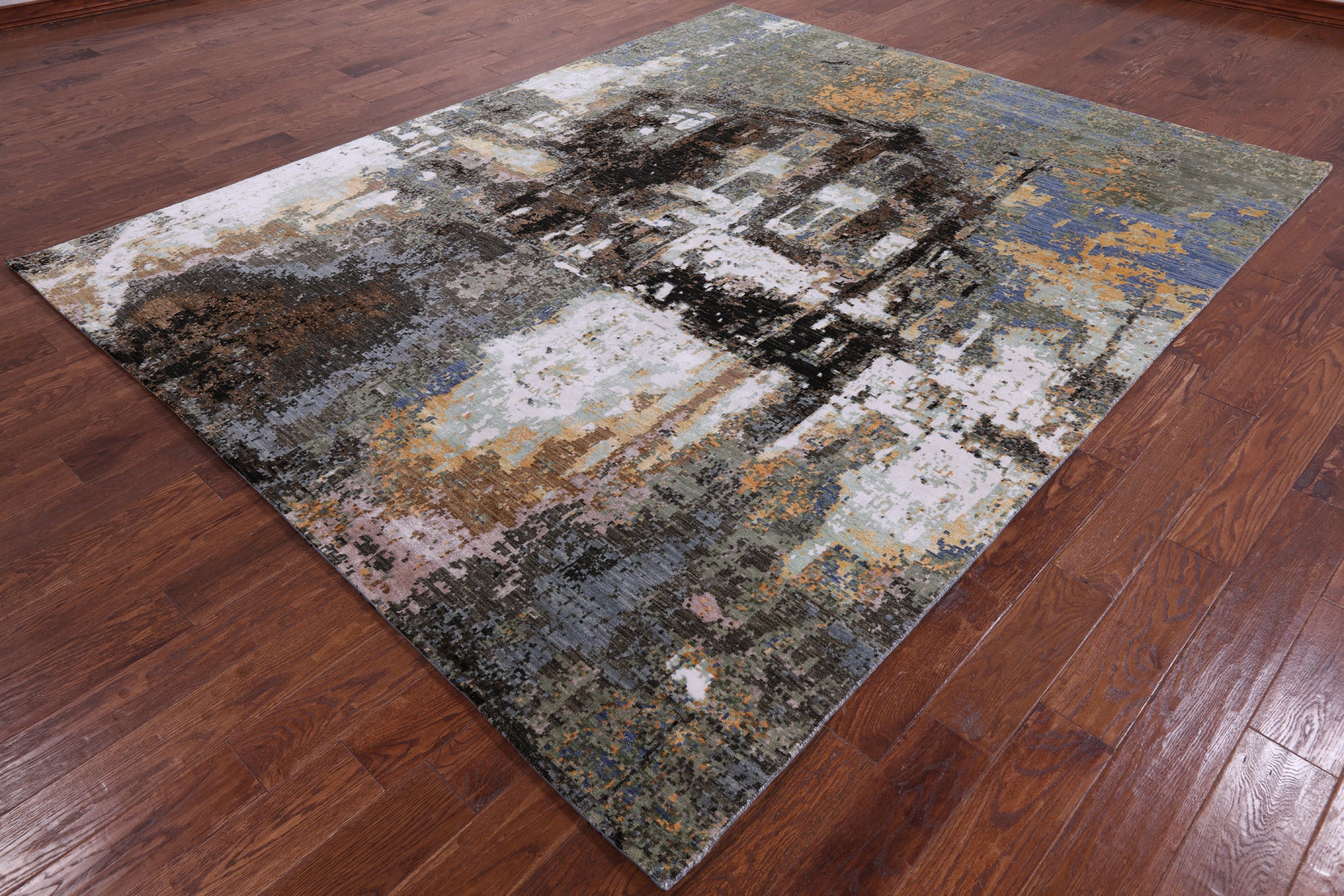 House In The Hills Design Modern Hand Knotted Wool & Silk Rug - 8' 0" X 9' 11" - Golden Nile