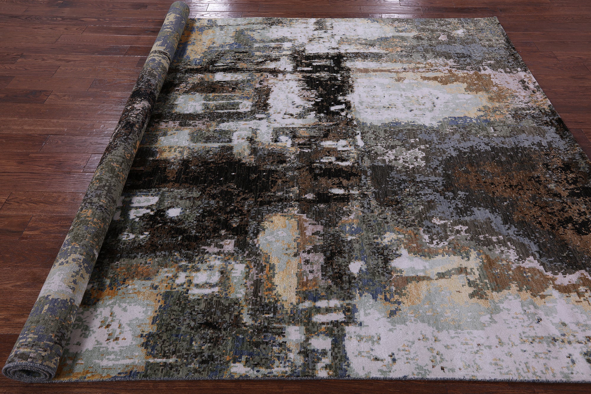 House In The Hills Design Modern Hand Knotted Wool & Silk Rug - 8' 0" X 9' 11" - Golden Nile
