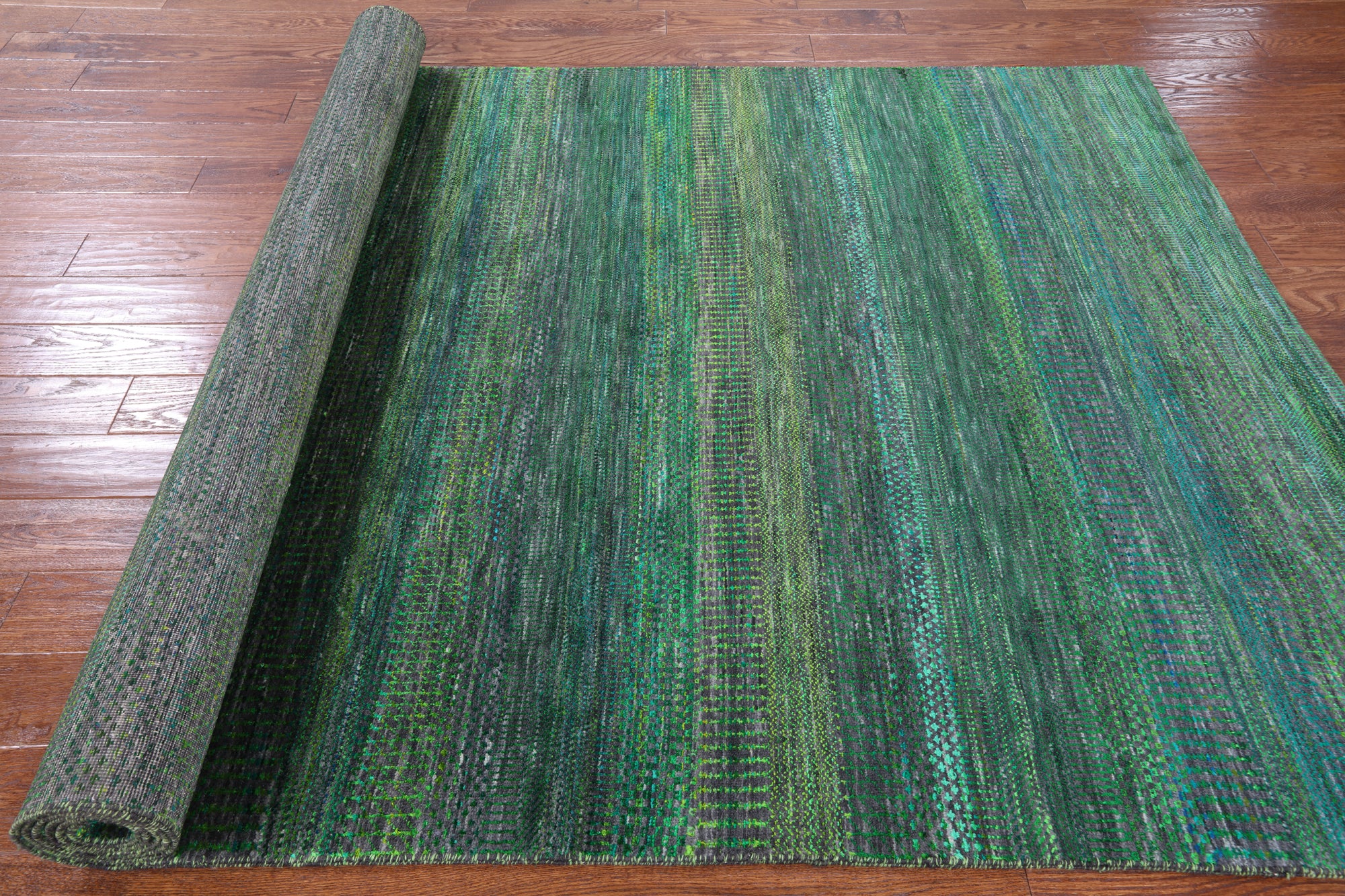 Green Savannah Grass Handmade Wool & Silk Rug - 5' 10" X 12' 0" - Golden Nile