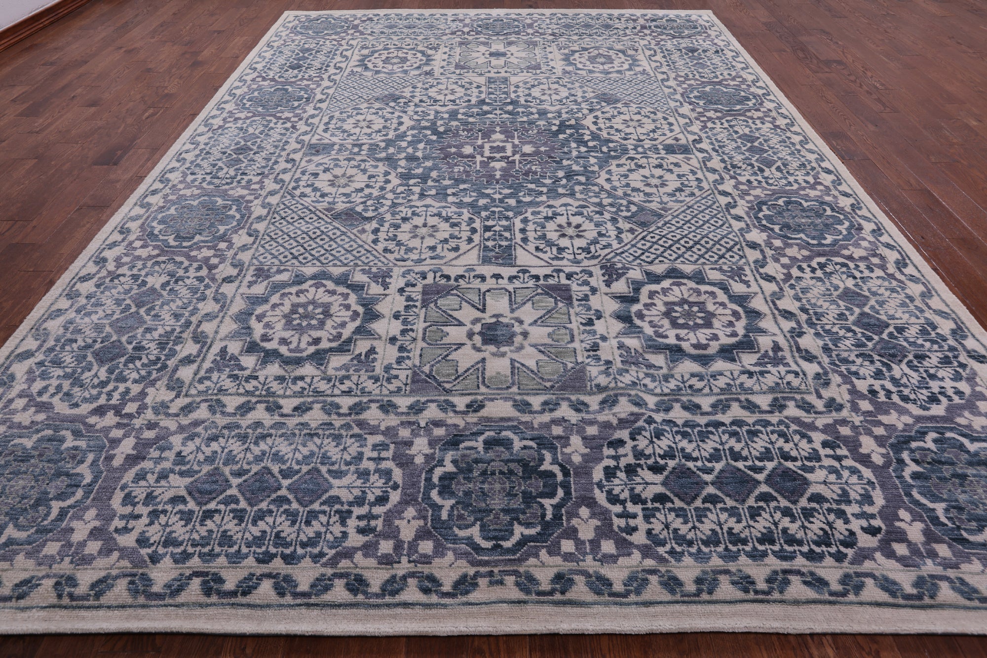 Ivory Geometric Persian Mamluk Hand Knotted Wool Rug - 10' 2" X 14' 0" - Golden Nile