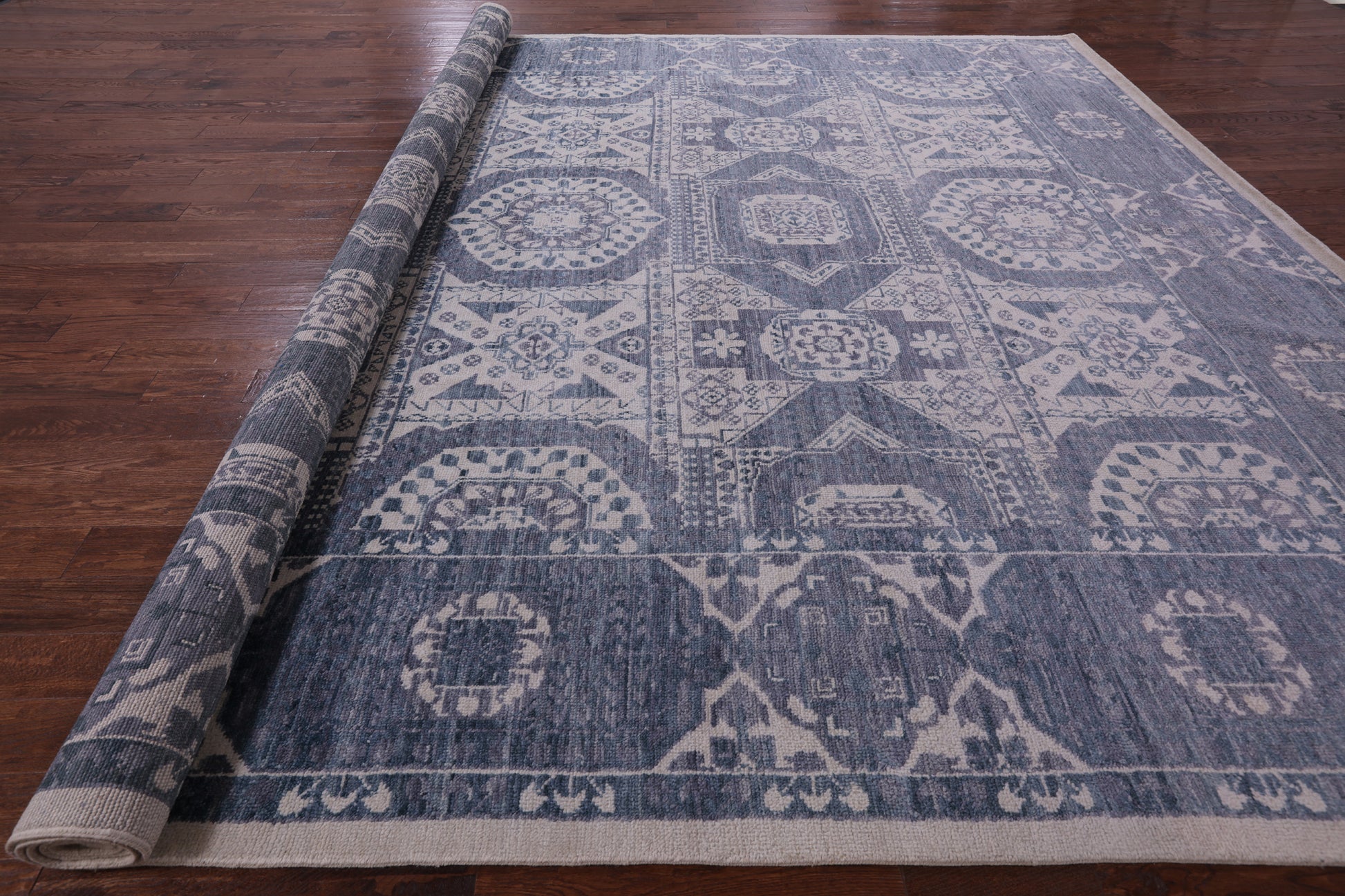 Grey Geometric Persian Mamluk Hand Knotted Wool Rug - 12' 2" X 15' 2" - Golden Nile