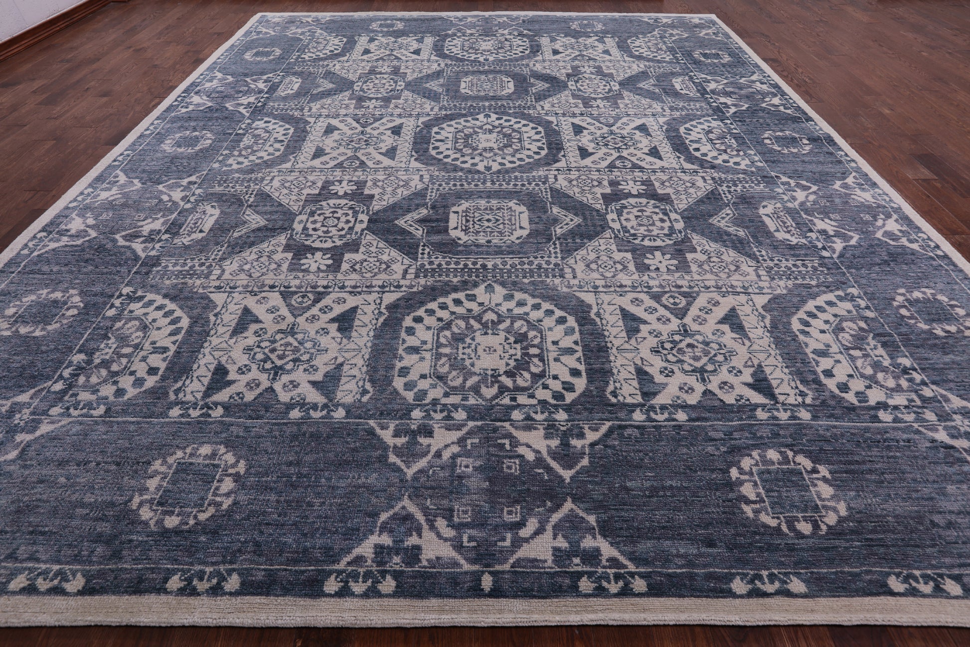 Grey Geometric Persian Mamluk Hand Knotted Wool Rug - 12' 2" X 15' 2" - Golden Nile