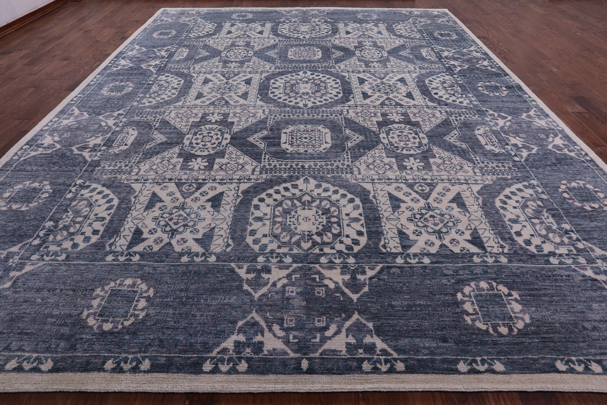 Grey Geometric Persian Mamluk Hand Knotted Wool Rug - 12' 2" X 15' 2" - Golden Nile