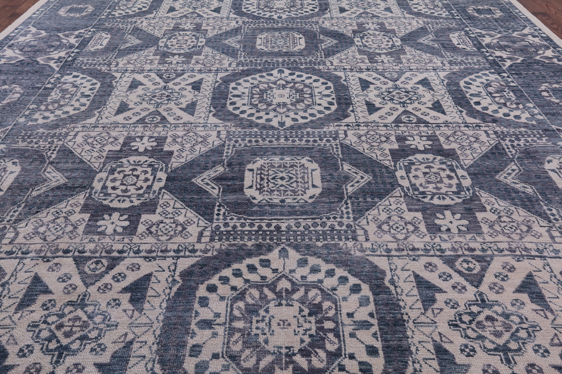 Grey Geometric Persian Mamluk Hand Knotted Wool Rug - 12' 2" X 15' 2" - Golden Nile