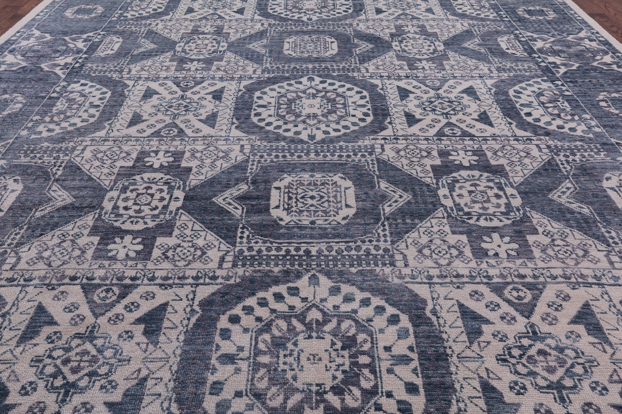 Grey Geometric Persian Mamluk Hand Knotted Wool Rug - 12' 2" X 15' 2" - Golden Nile