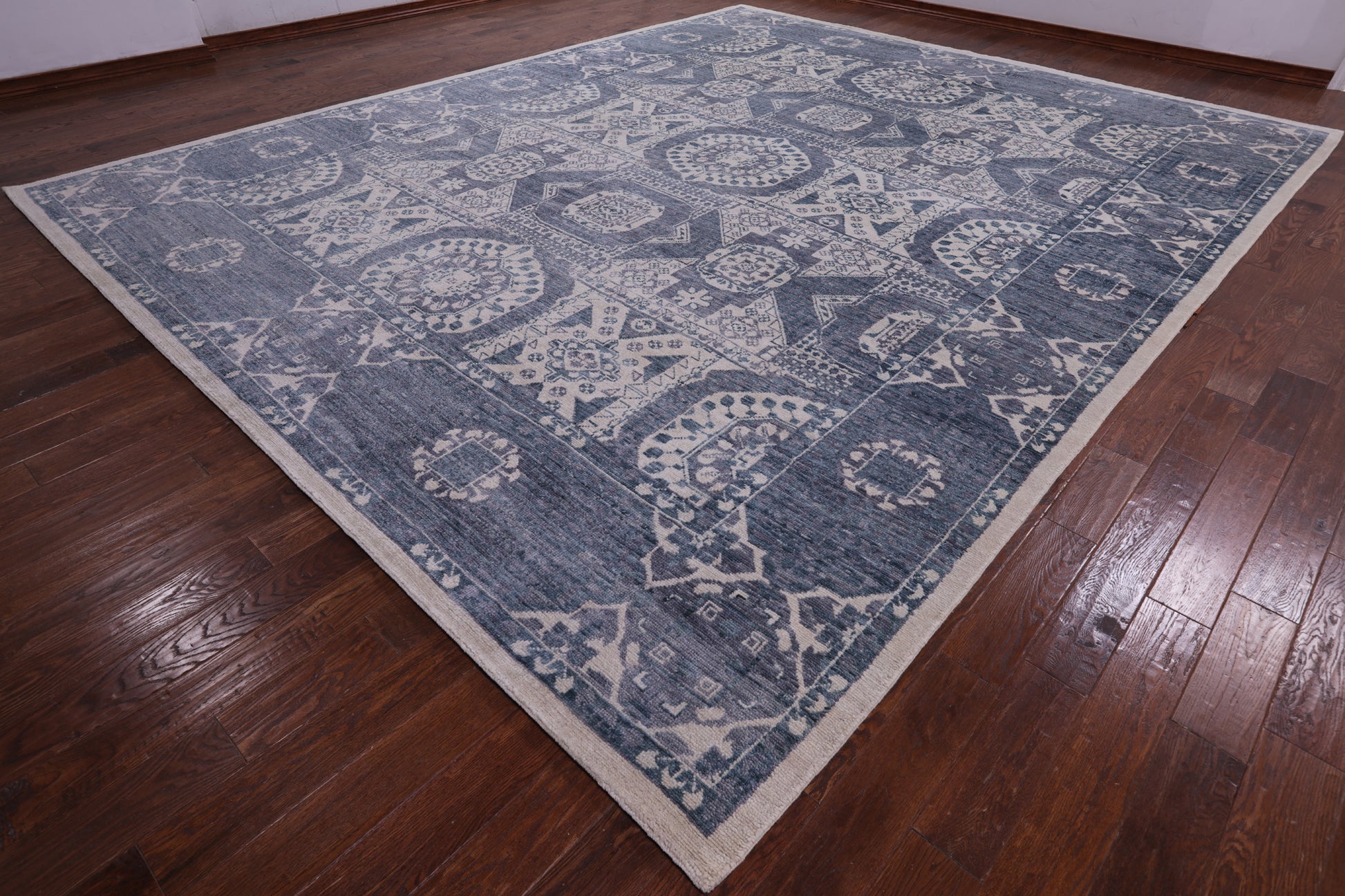 Grey Geometric Persian Mamluk Hand Knotted Wool Rug - 12' 2" X 15' 2" - Golden Nile