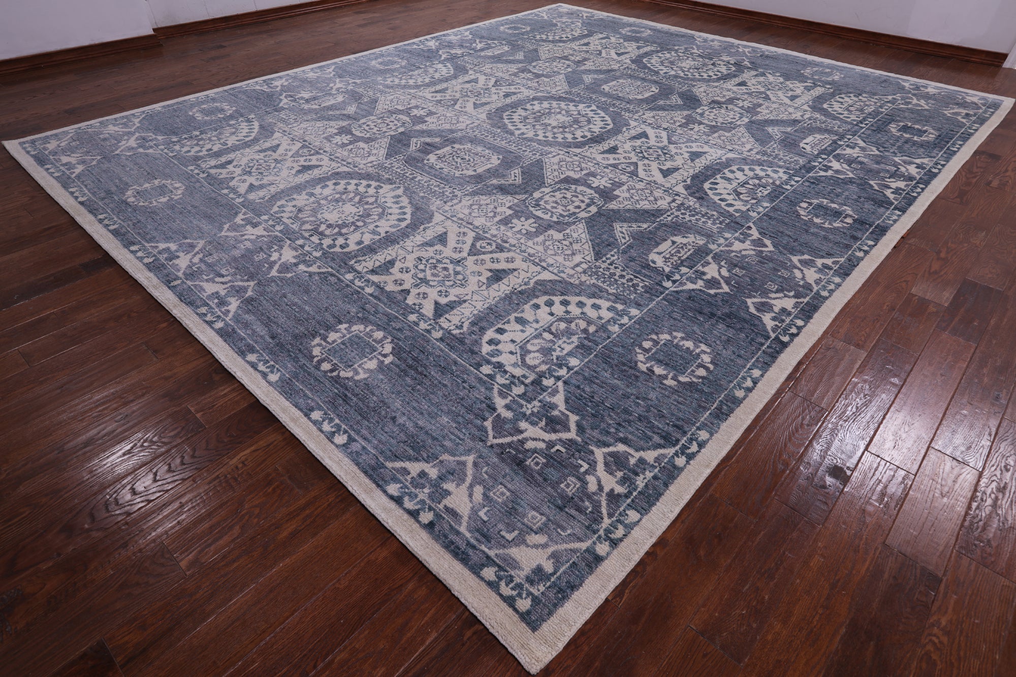 Grey Geometric Persian Mamluk Hand Knotted Wool Rug - 12' 2" X 15' 2" - Golden Nile