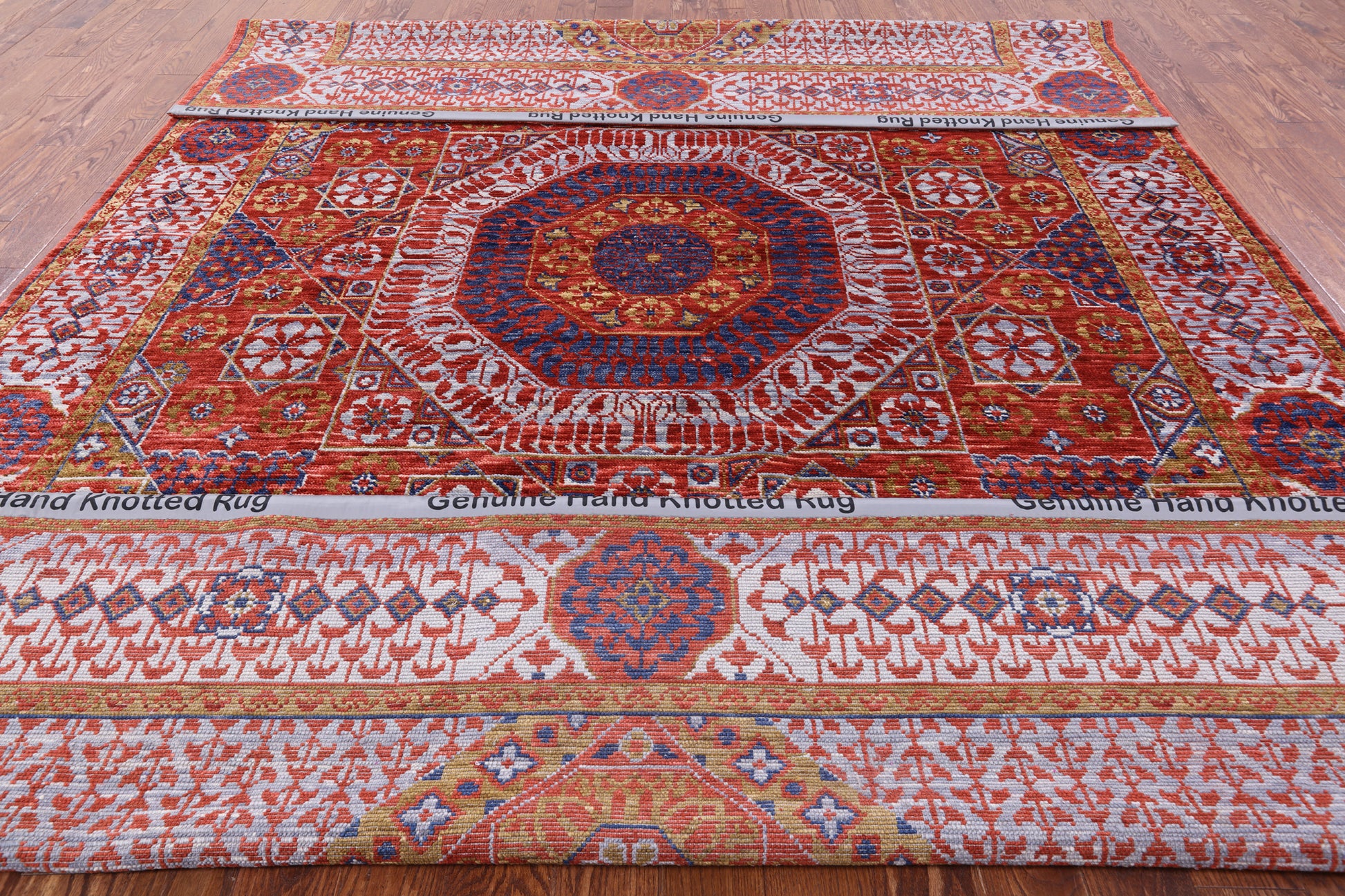 Red Geometric Persian Mamluk Handmade Wool Rug - 9' 0" X 12' 9" - Golden Nile
