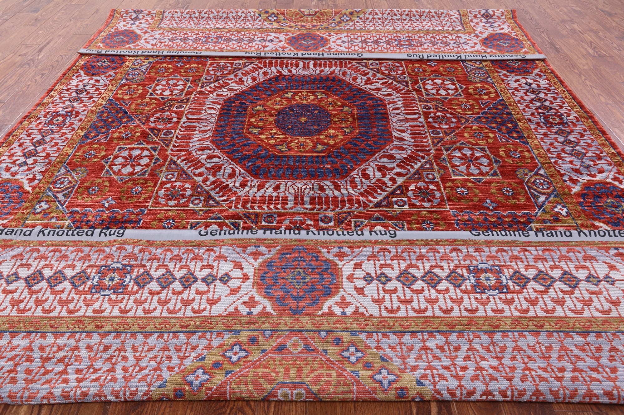 Red Geometric Persian Mamluk Handmade Wool Rug - 9' 0" X 12' 9" - Golden Nile