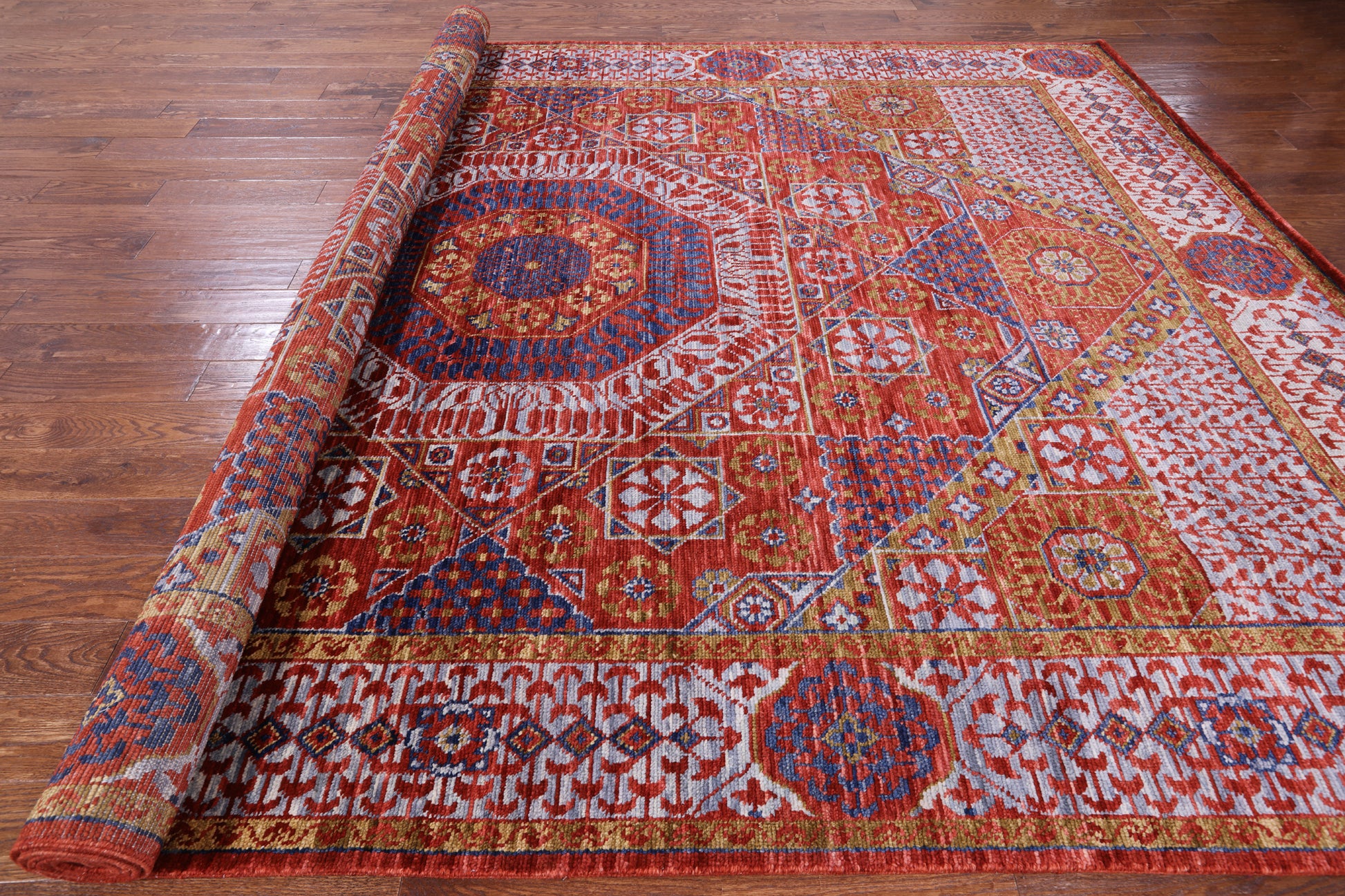 Red Geometric Persian Mamluk Handmade Wool Rug - 9' 0" X 12' 9" - Golden Nile