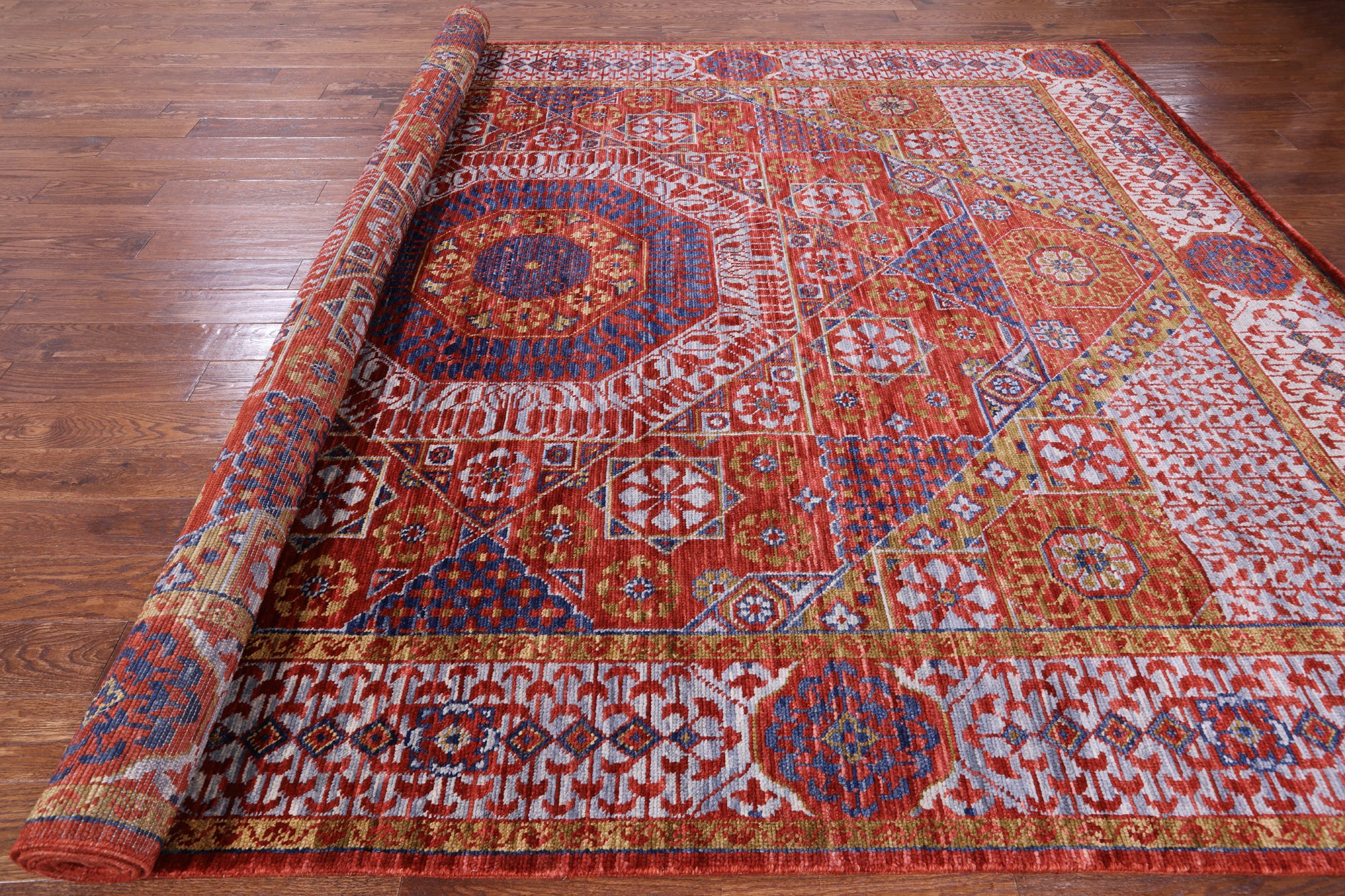 Red Geometric Persian Mamluk Handmade Wool Rug - 9' 0" X 12' 9" - Golden Nile