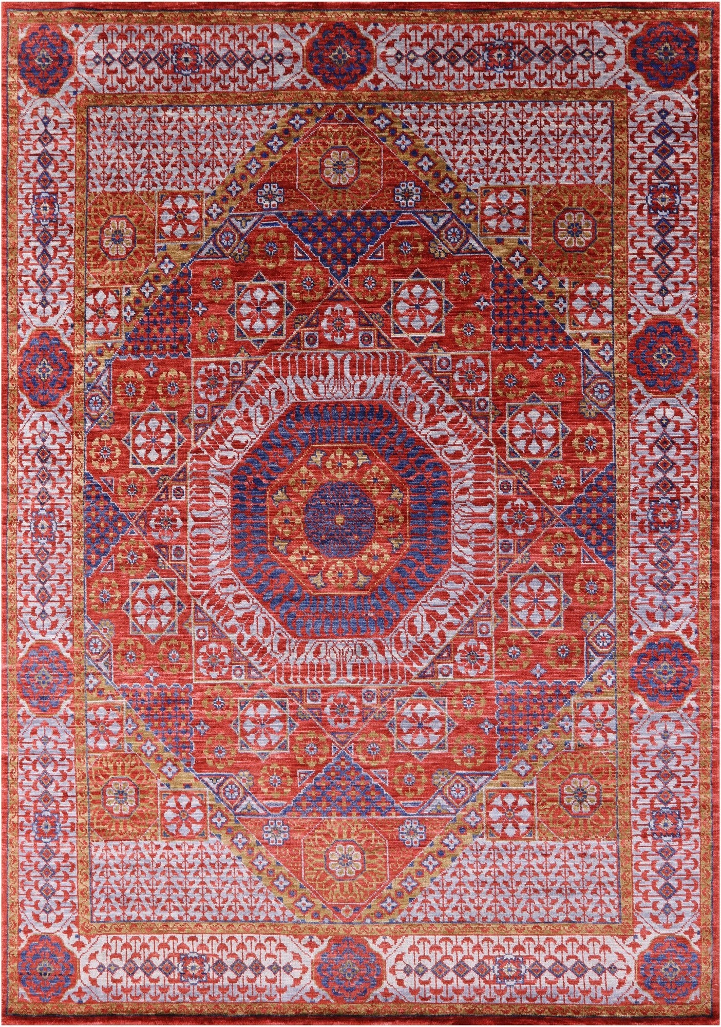 Red Geometric Persian Mamluk Handmade Wool Rug - 9' 0" X 12' 9" - Golden Nile