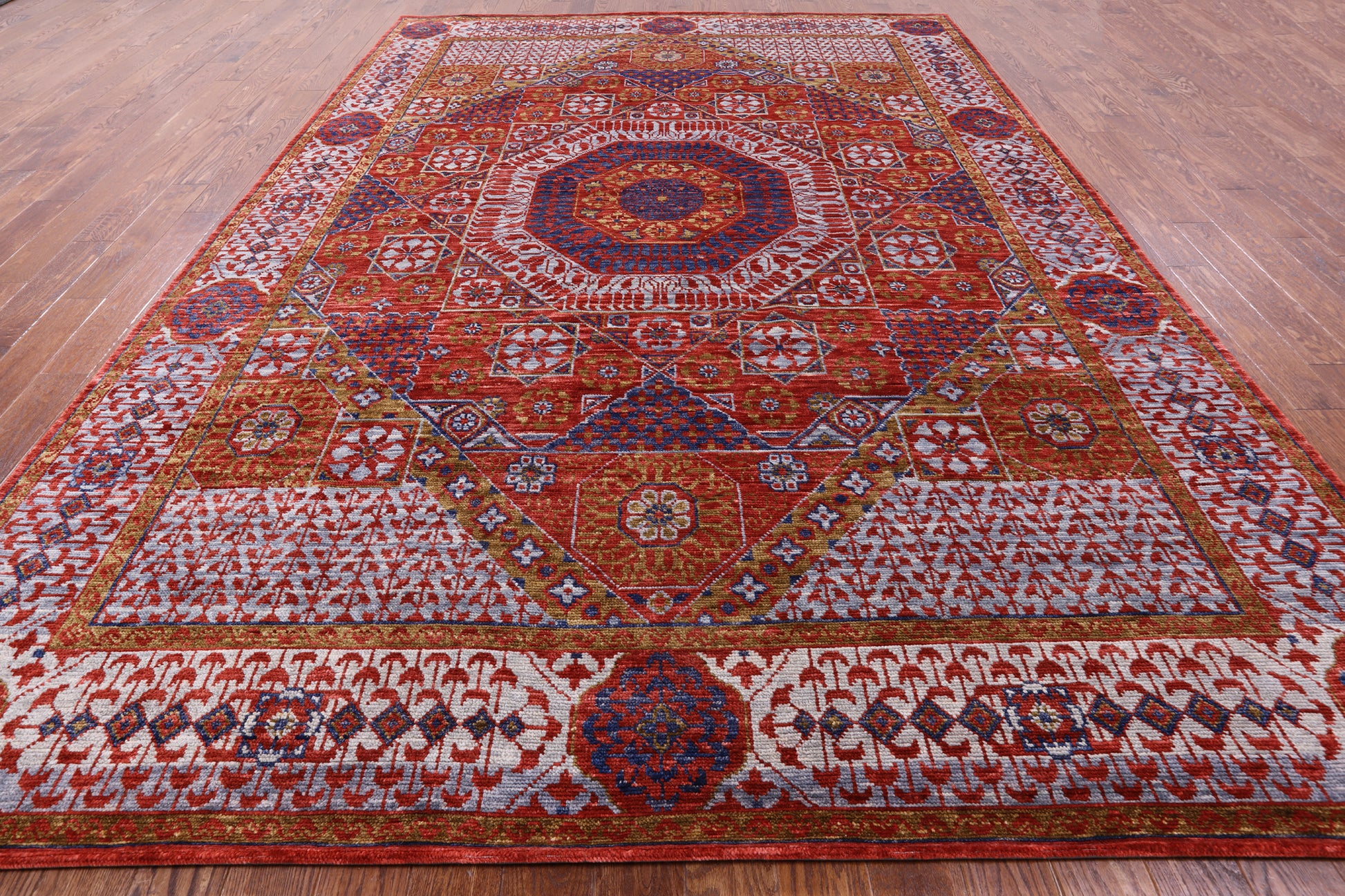 Red Geometric Persian Mamluk Handmade Wool Rug - 9' 0" X 12' 9" - Golden Nile