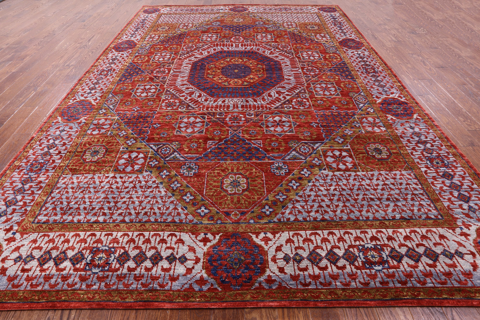 Red Geometric Persian Mamluk Handmade Wool Rug - 9' 0" X 12' 9" - Golden Nile