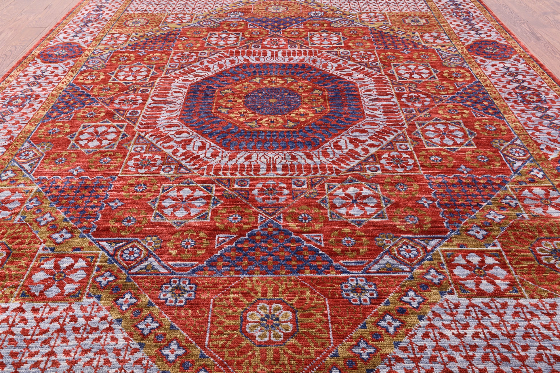 Red Geometric Persian Mamluk Handmade Wool Rug - 9' 0" X 12' 9" - Golden Nile