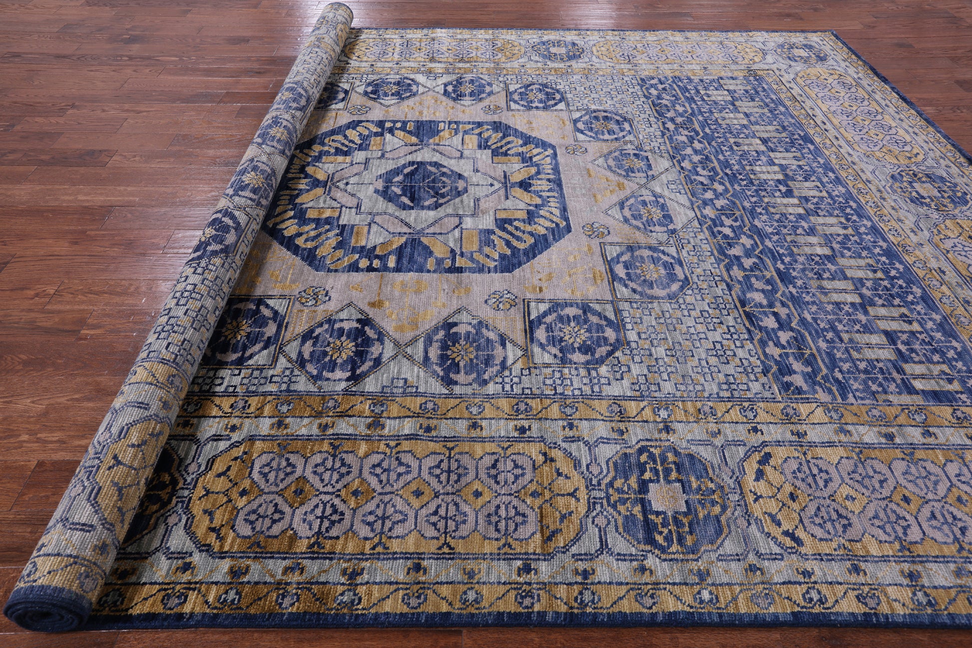 Blue Geometric Persian Mamluk Hand Knotted Wool Rug - 9' 11" X 13' 9" - Golden Nile
