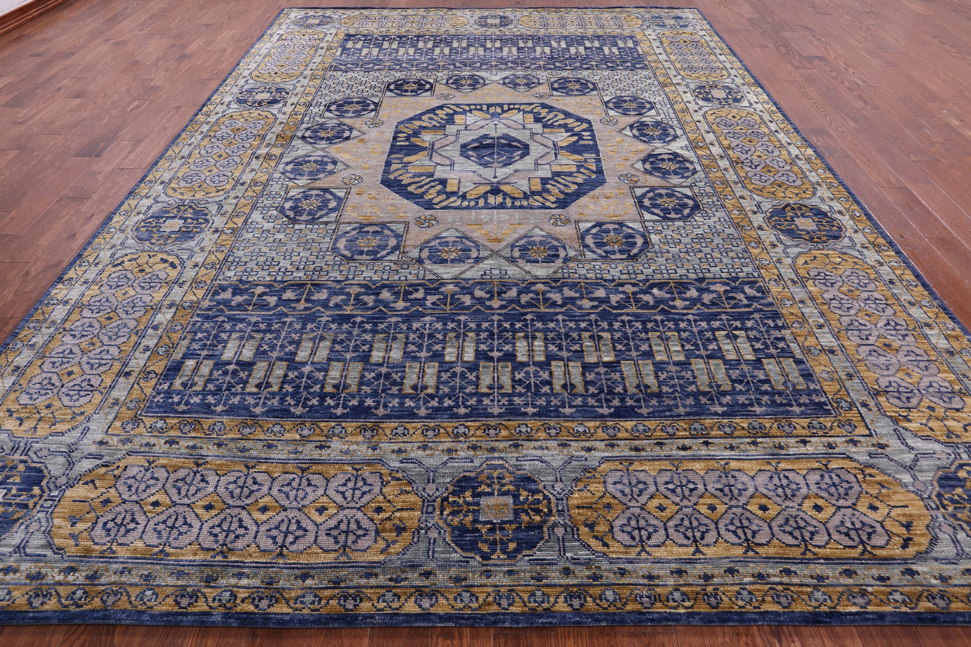 Blue Geometric Persian Mamluk Hand Knotted Wool Rug - 9' 11" X 13' 9" - Golden Nile