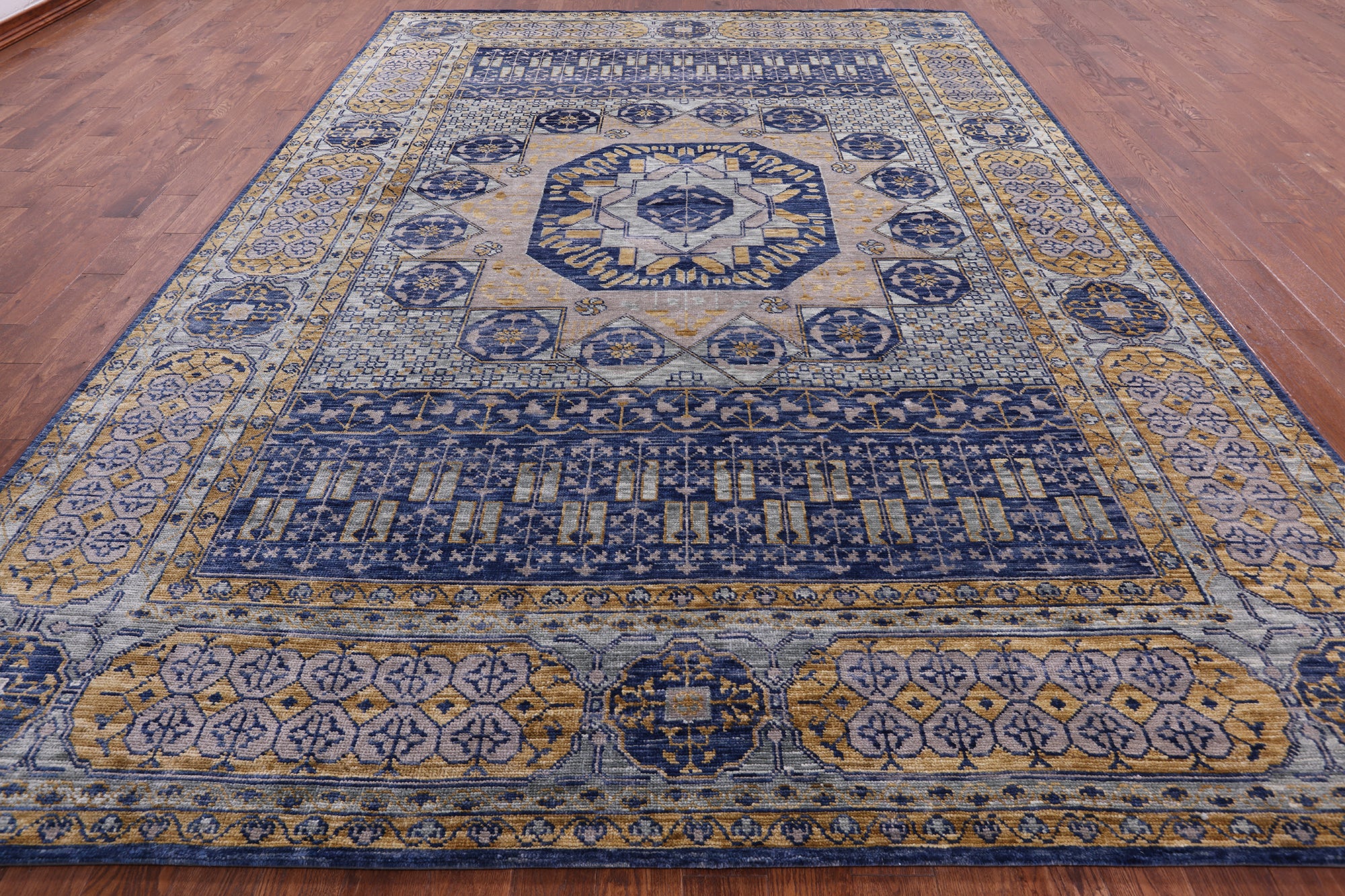 Blue Geometric Persian Mamluk Hand Knotted Wool Rug - 9' 11" X 13' 9" - Golden Nile