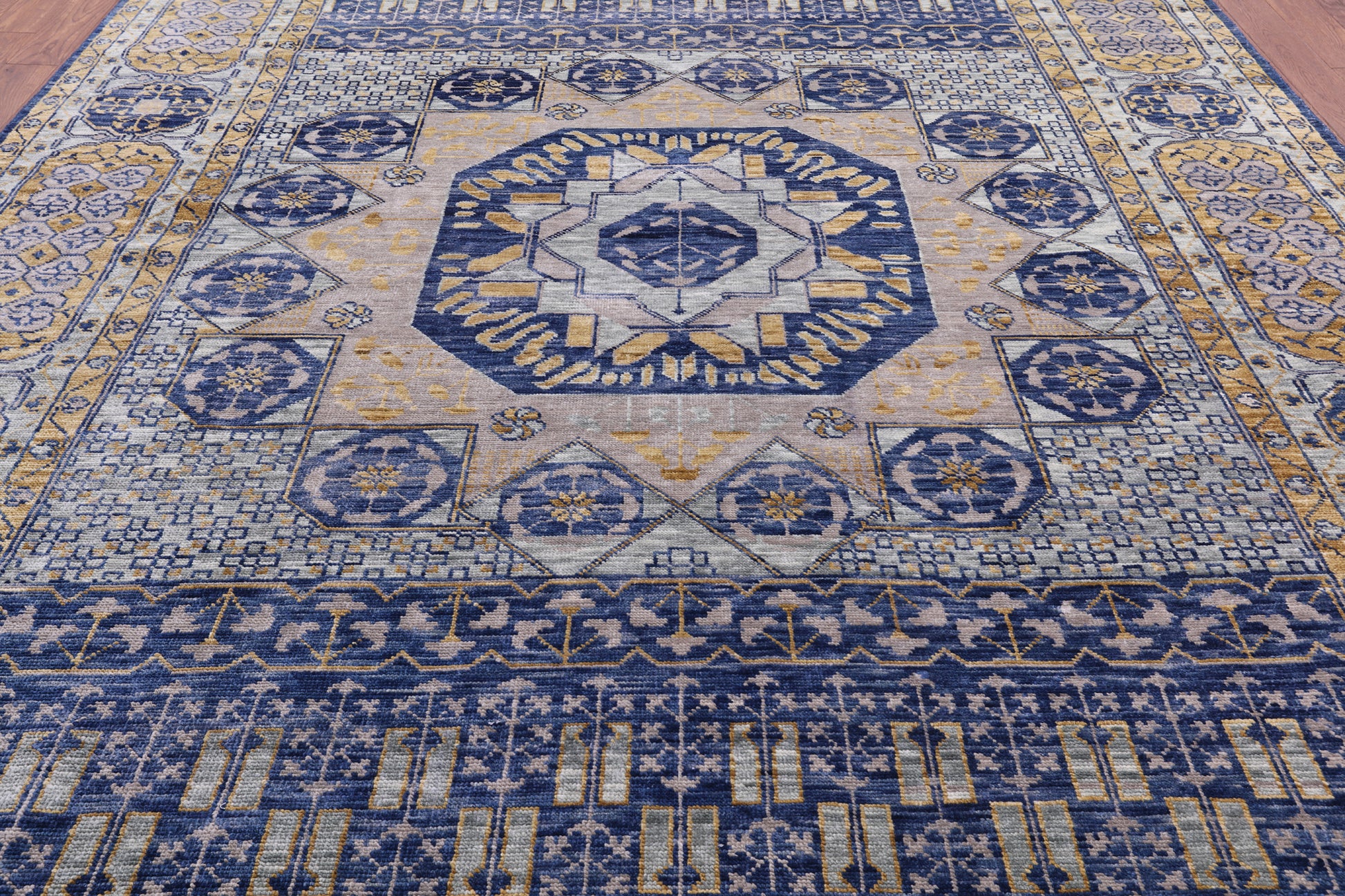 Blue Geometric Persian Mamluk Hand Knotted Wool Rug - 9' 11" X 13' 9" - Golden Nile