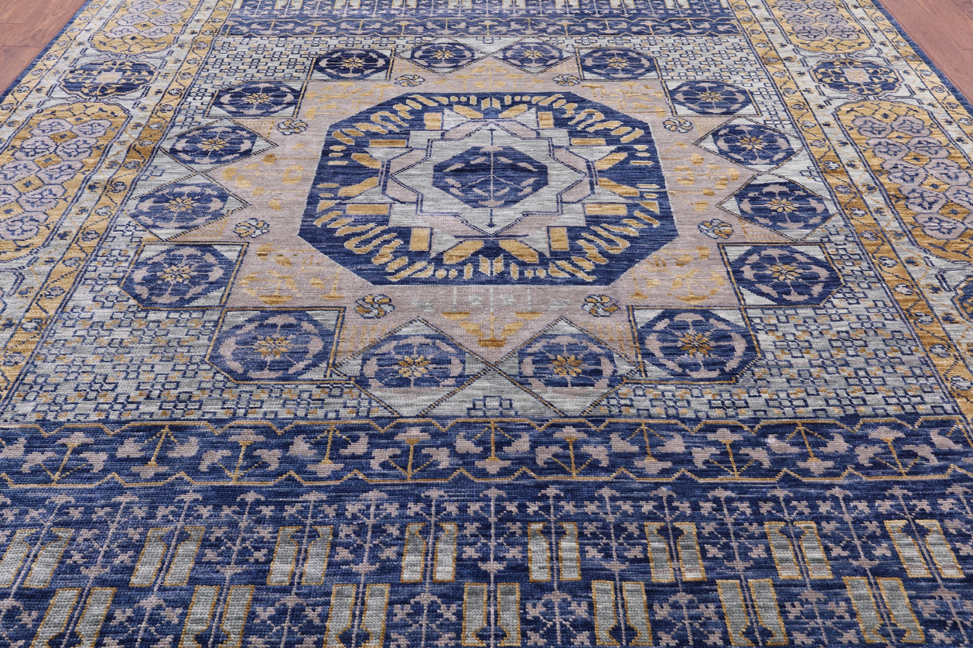 Blue Geometric Persian Mamluk Hand Knotted Wool Rug - 9' 11" X 13' 9" - Golden Nile