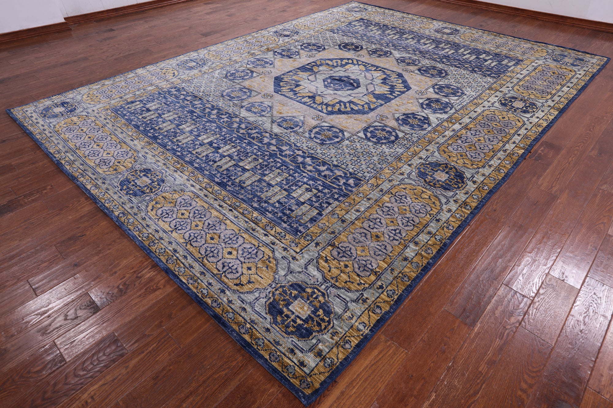 Blue Geometric Persian Mamluk Hand Knotted Wool Rug - 9' 11" X 13' 9" - Golden Nile