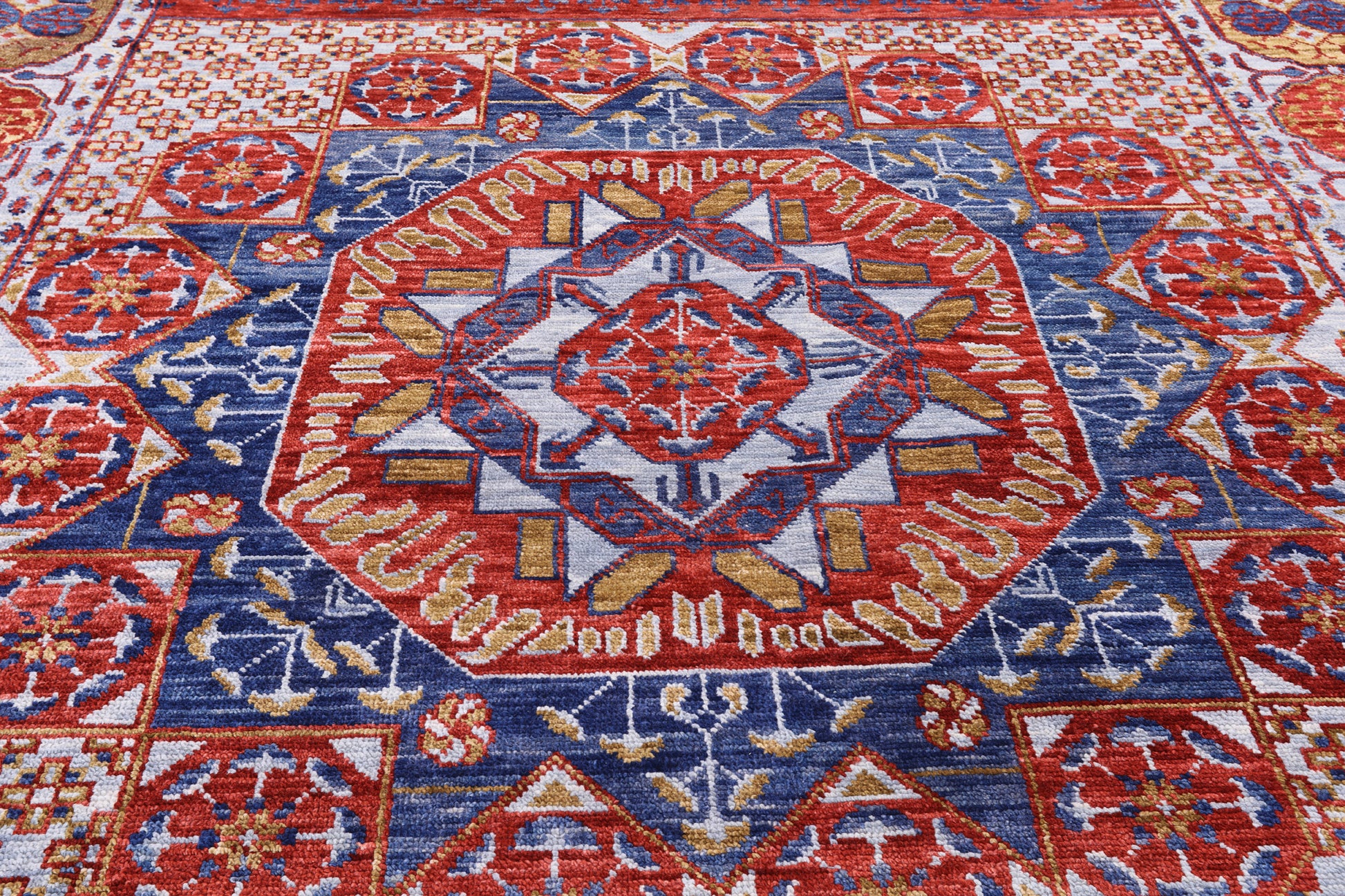 Red Geometric Persian Mamluk Hand Knotted Wool Rug - 9' 2" X 12' 3" - Golden Nile