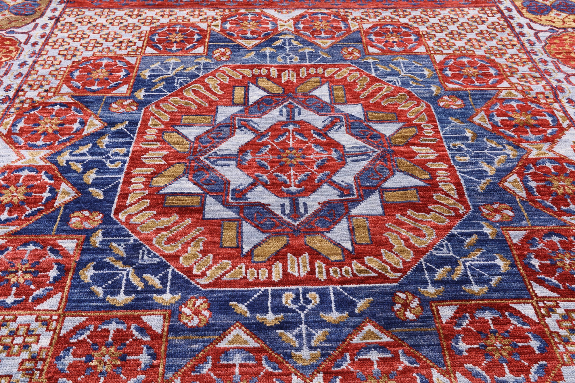 Red Geometric Persian Mamluk Hand Knotted Wool Rug - 9' 2" X 12' 3" - Golden Nile