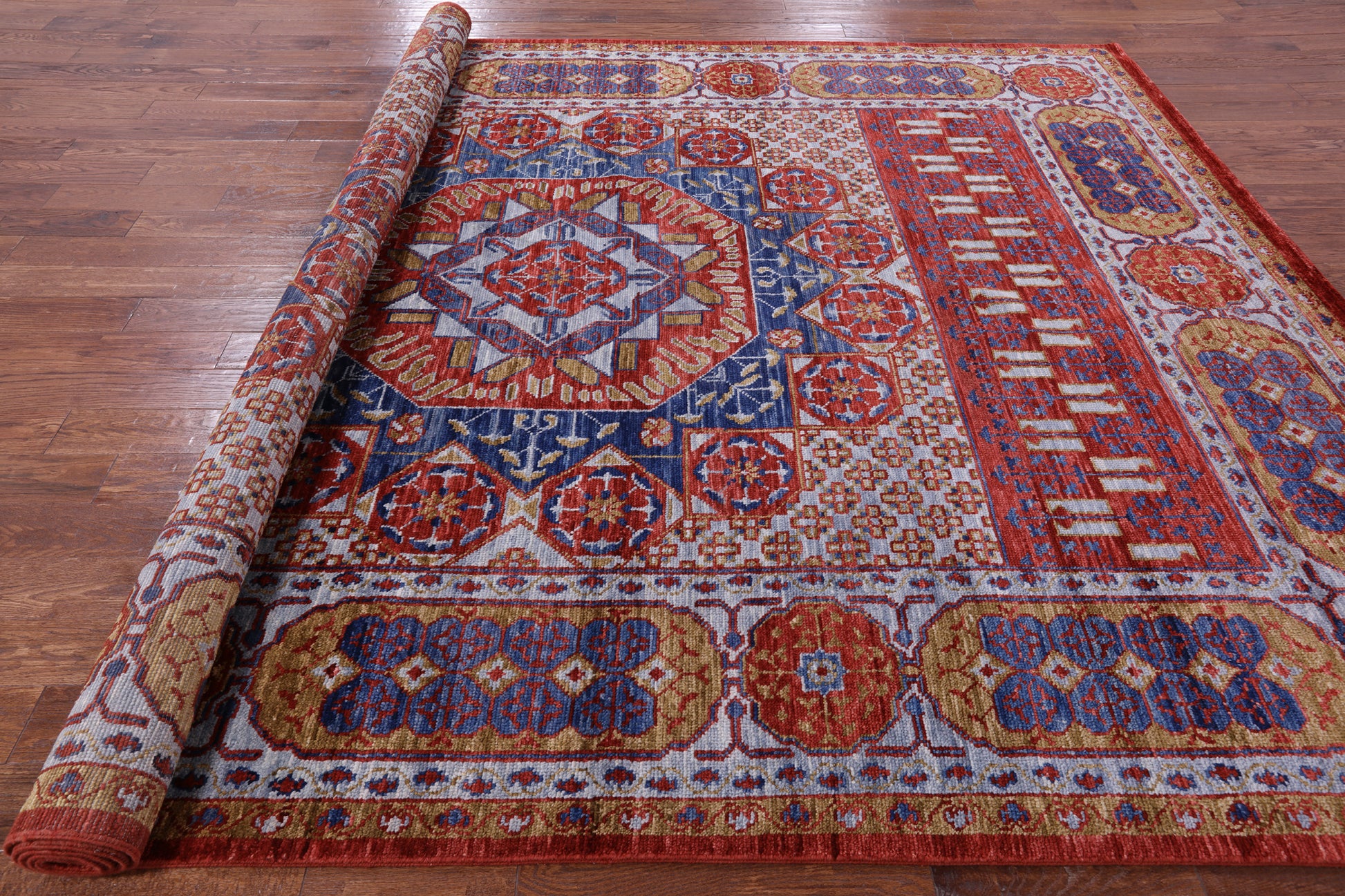 Red Geometric Persian Mamluk Hand Knotted Wool Rug - 9' 2" X 12' 3" - Golden Nile