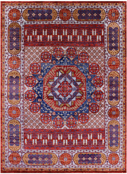 Red Geometric Persian Mamluk Hand Knotted Wool Rug - 9' 2" X 12' 3" - Golden Nile