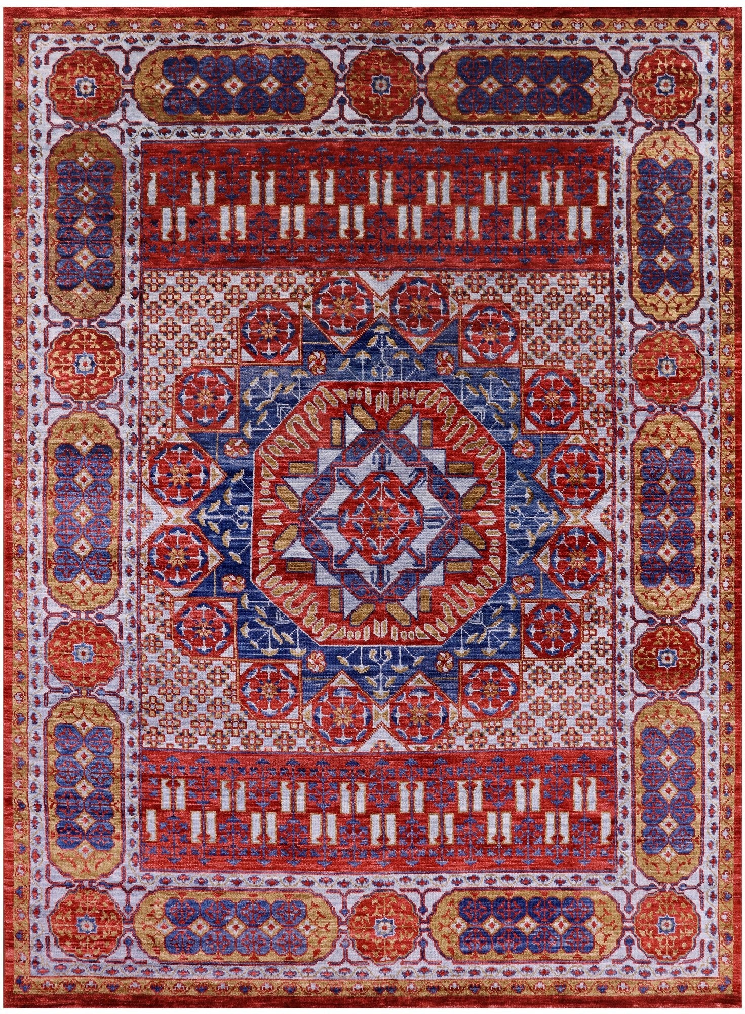 Red Geometric Persian Mamluk Hand Knotted Wool Rug - 9' 2" X 12' 3" - Golden Nile