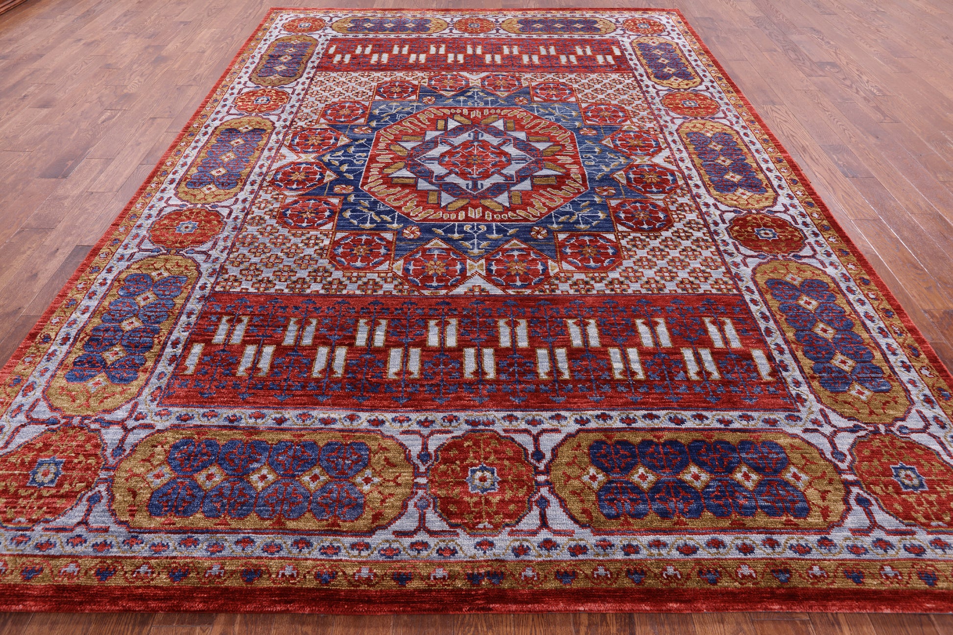 Red Geometric Persian Mamluk Hand Knotted Wool Rug - 9' 2" X 12' 3" - Golden Nile