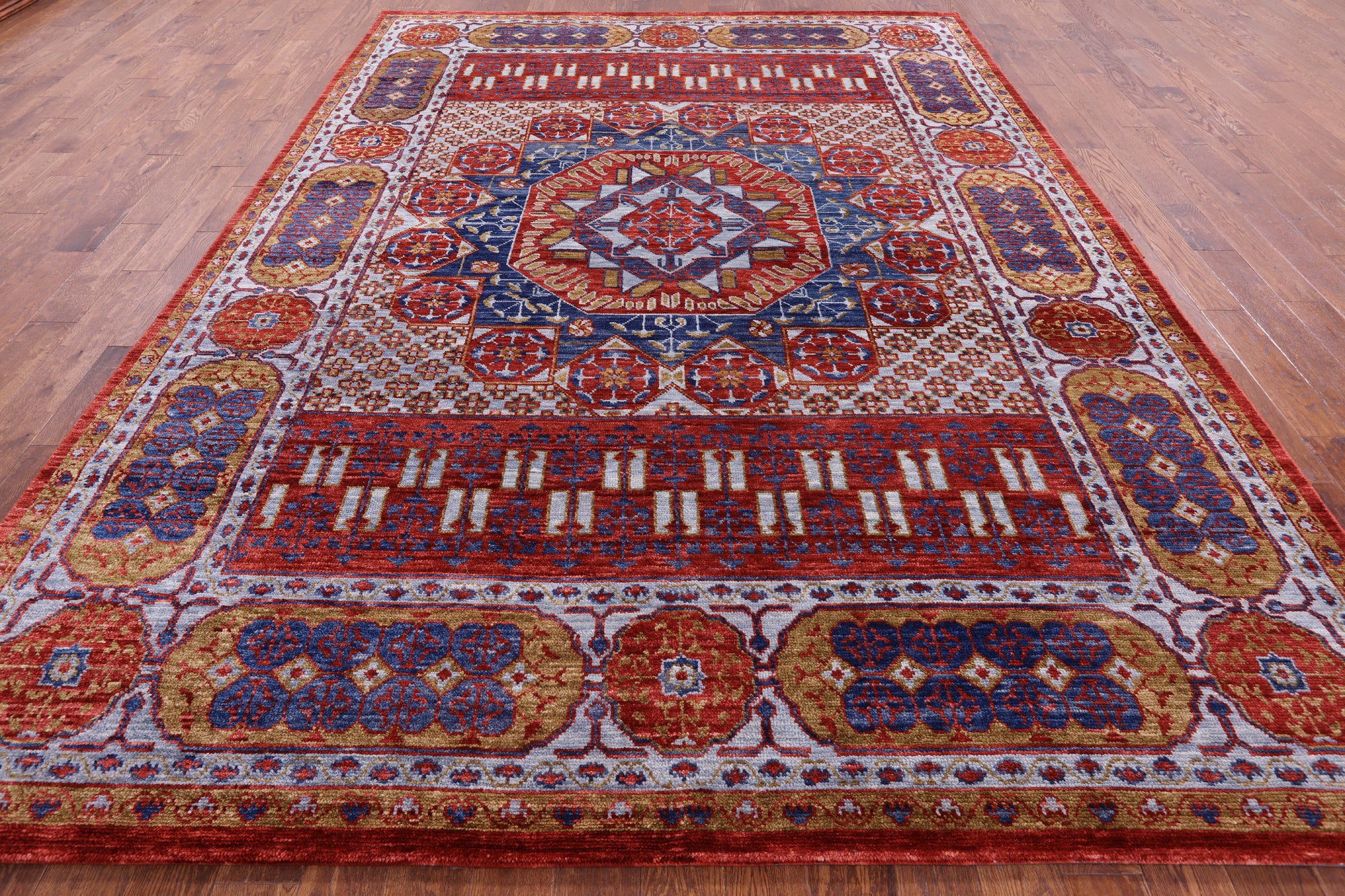 Red Geometric Persian Mamluk Hand Knotted Wool Rug - 9' 2" X 12' 3" - Golden Nile
