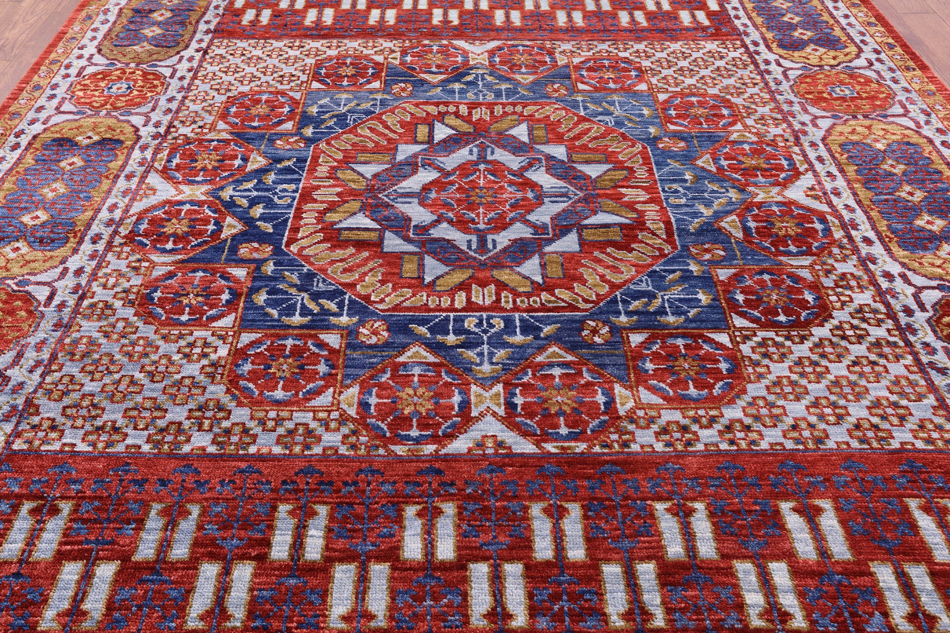 Red Geometric Persian Mamluk Hand Knotted Wool Rug - 9' 2" X 12' 3" - Golden Nile