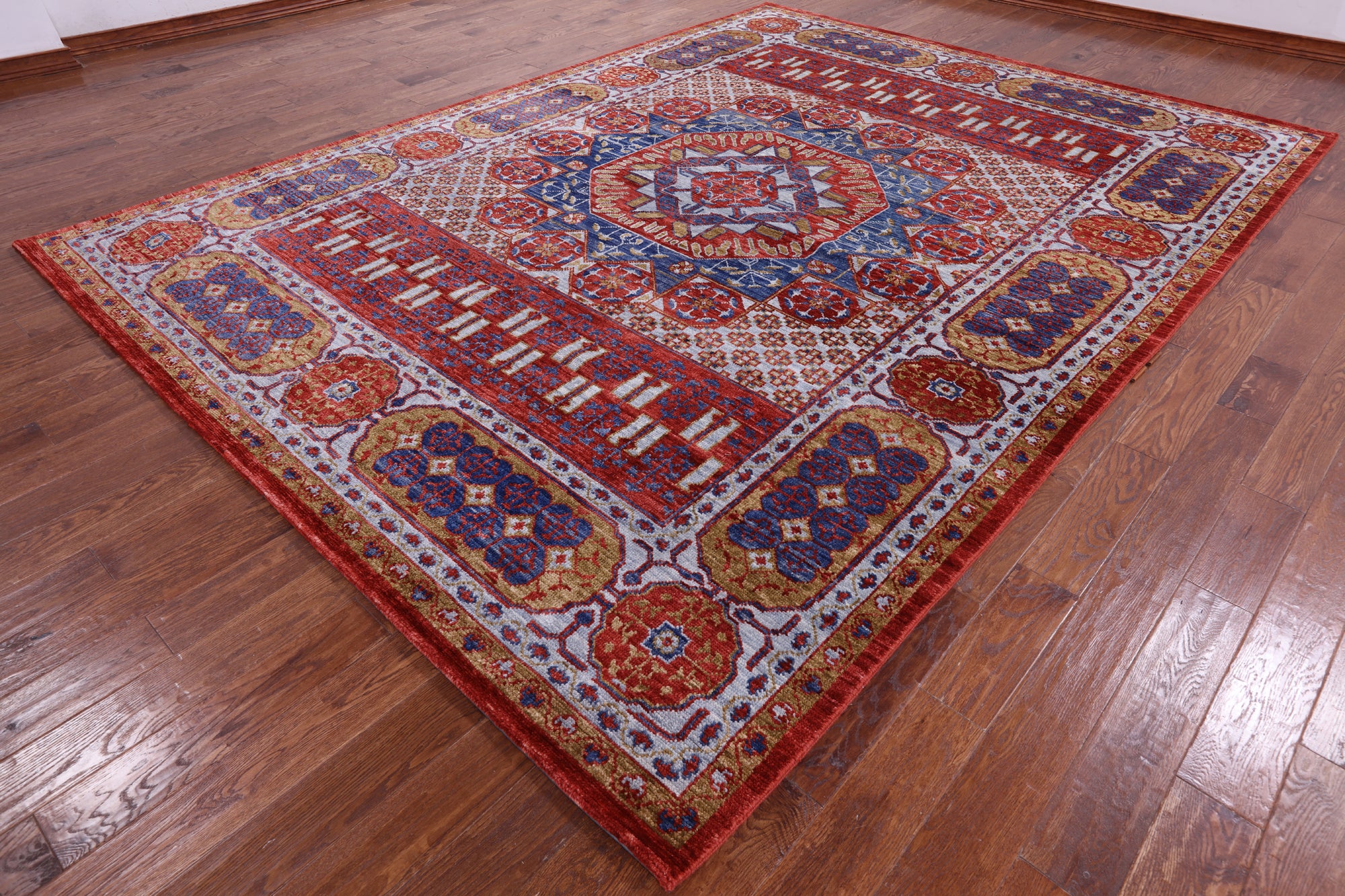 Red Geometric Persian Mamluk Hand Knotted Wool Rug - 9' 2" X 12' 3" - Golden Nile