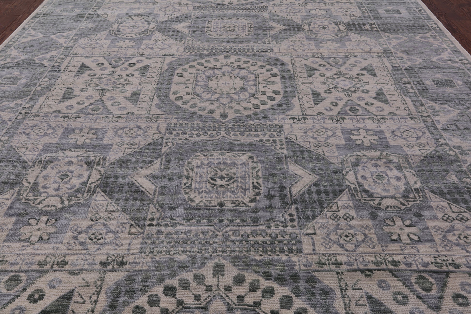 Ivory Geometric Persian Mamluk Hand Knotted Wool Rug - 9' 2" X 11' 11" - Golden Nile