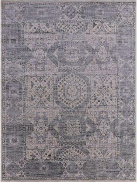 Ivory Geometric Persian Mamluk Hand Knotted Wool Rug - 9' 2" X 11' 11" - Golden Nile