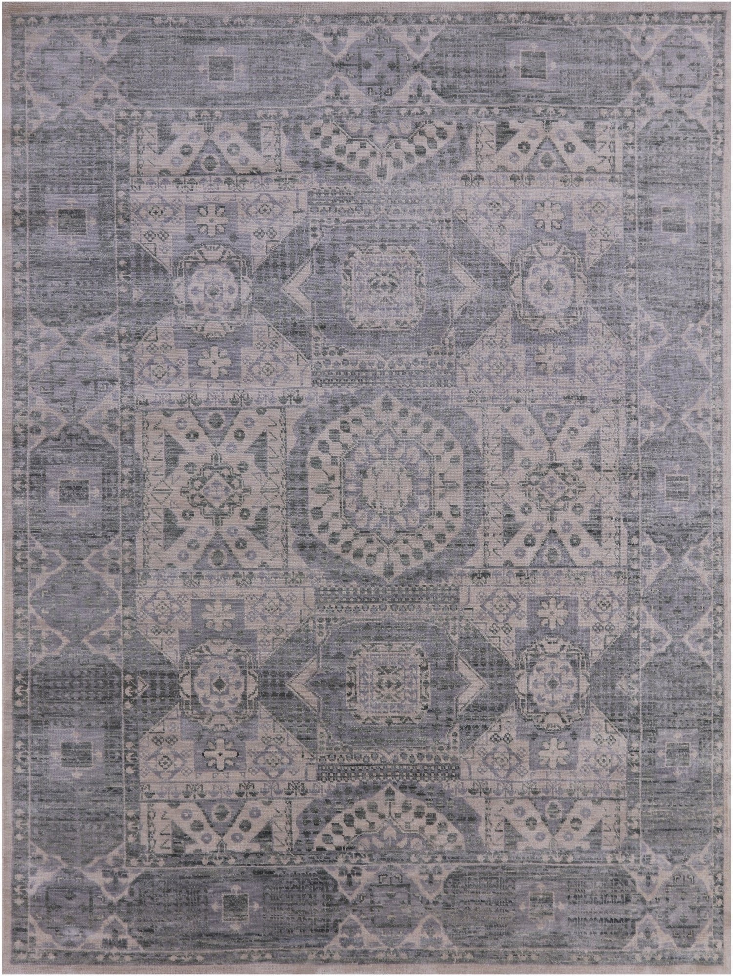 Ivory Geometric Persian Mamluk Hand Knotted Wool Rug - 9' 2" X 11' 11" - Golden Nile