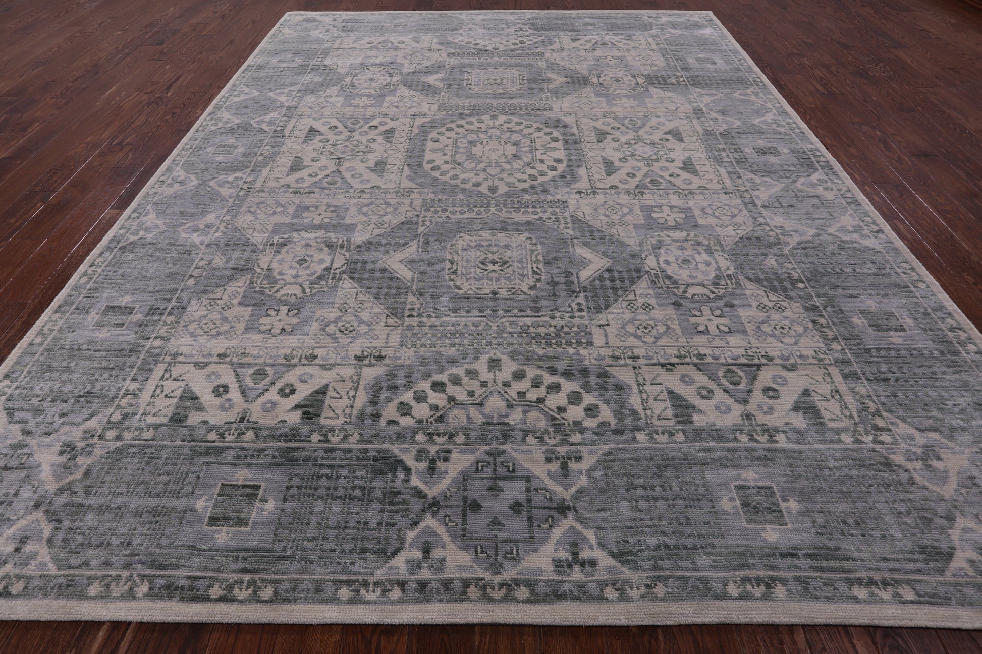 Ivory Geometric Persian Mamluk Hand Knotted Wool Rug - 9' 2" X 11' 11" - Golden Nile