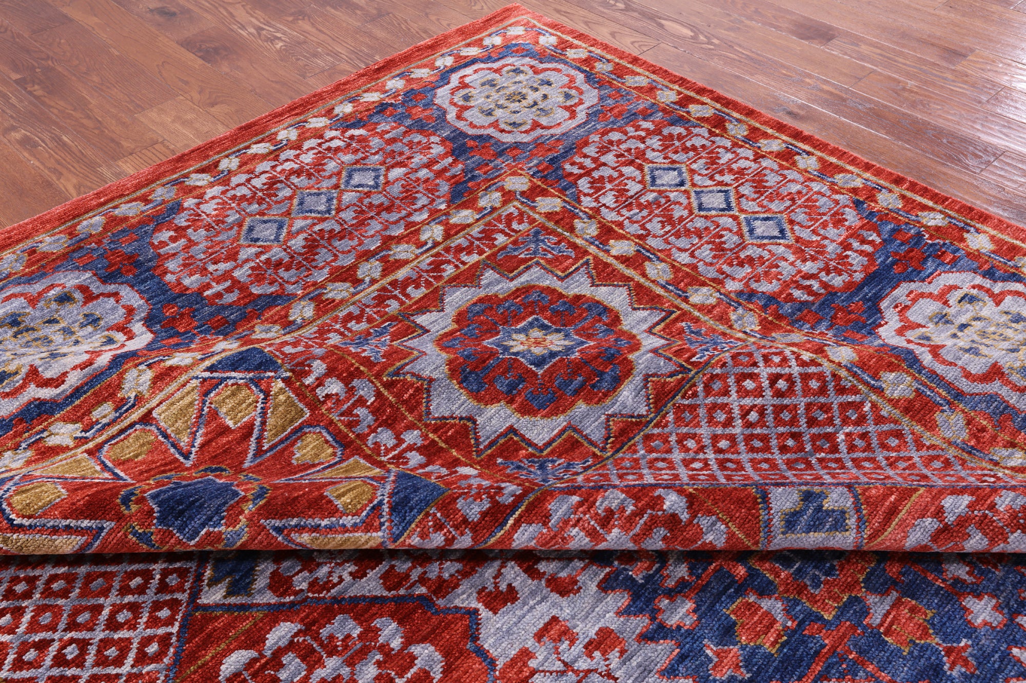 Red Geometric Persian Mamluk Hand Knotted Wool Rug - 10' 2" X 14' 2" - Golden Nile