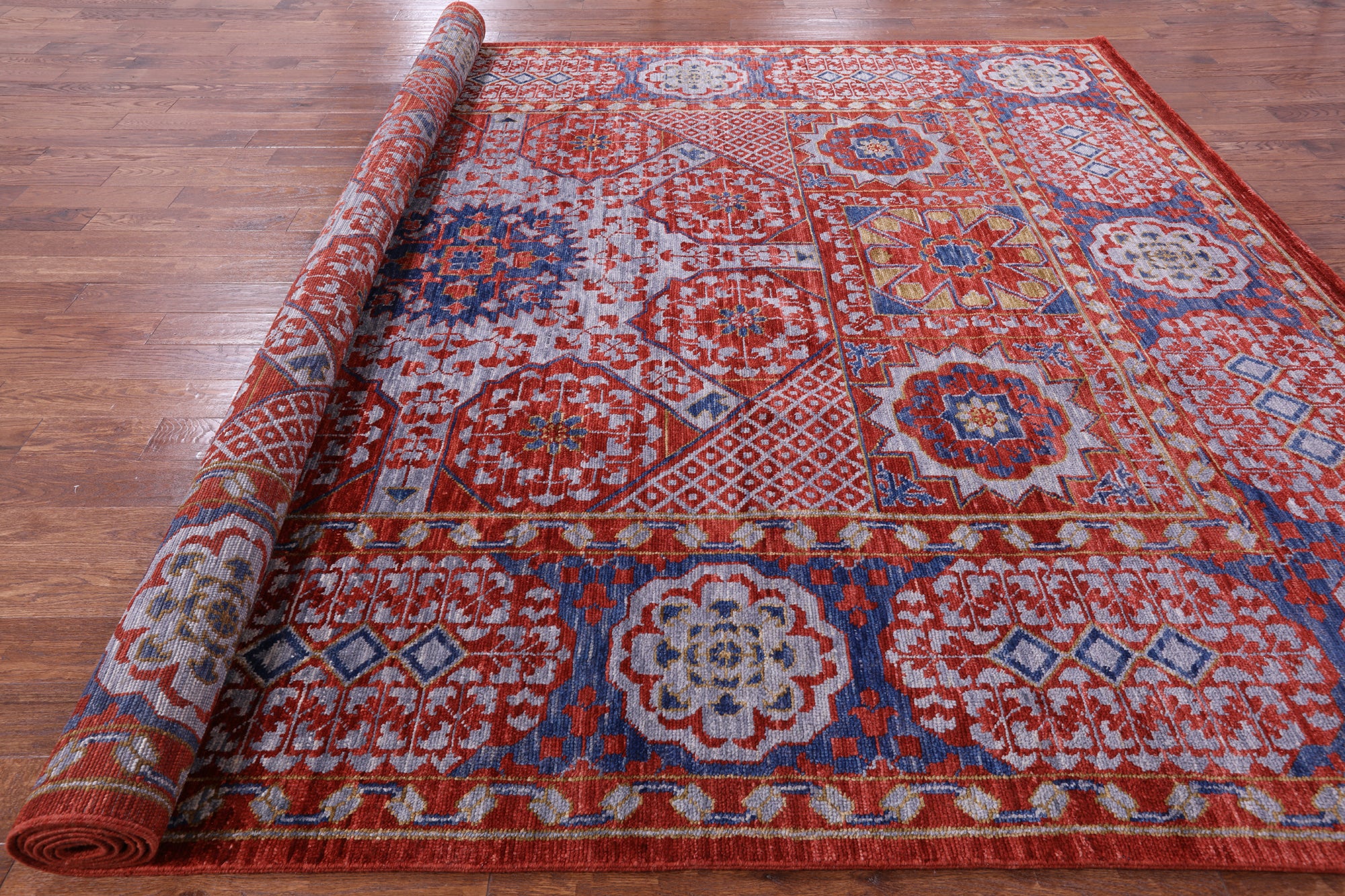 Red Geometric Persian Mamluk Hand Knotted Wool Rug - 10' 2" X 14' 2" - Golden Nile
