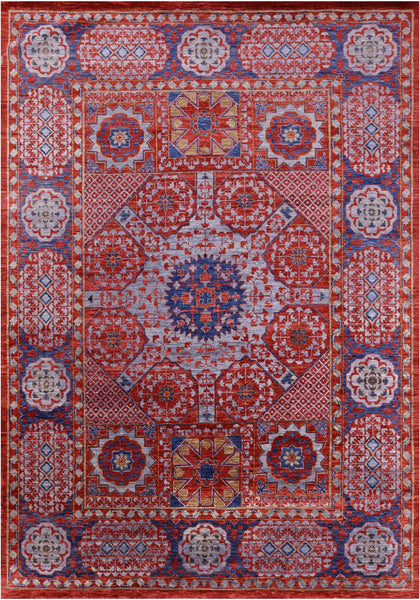 Red Geometric Persian Mamluk Hand Knotted Wool Rug - 10' 2" X 14' 2" - Golden Nile