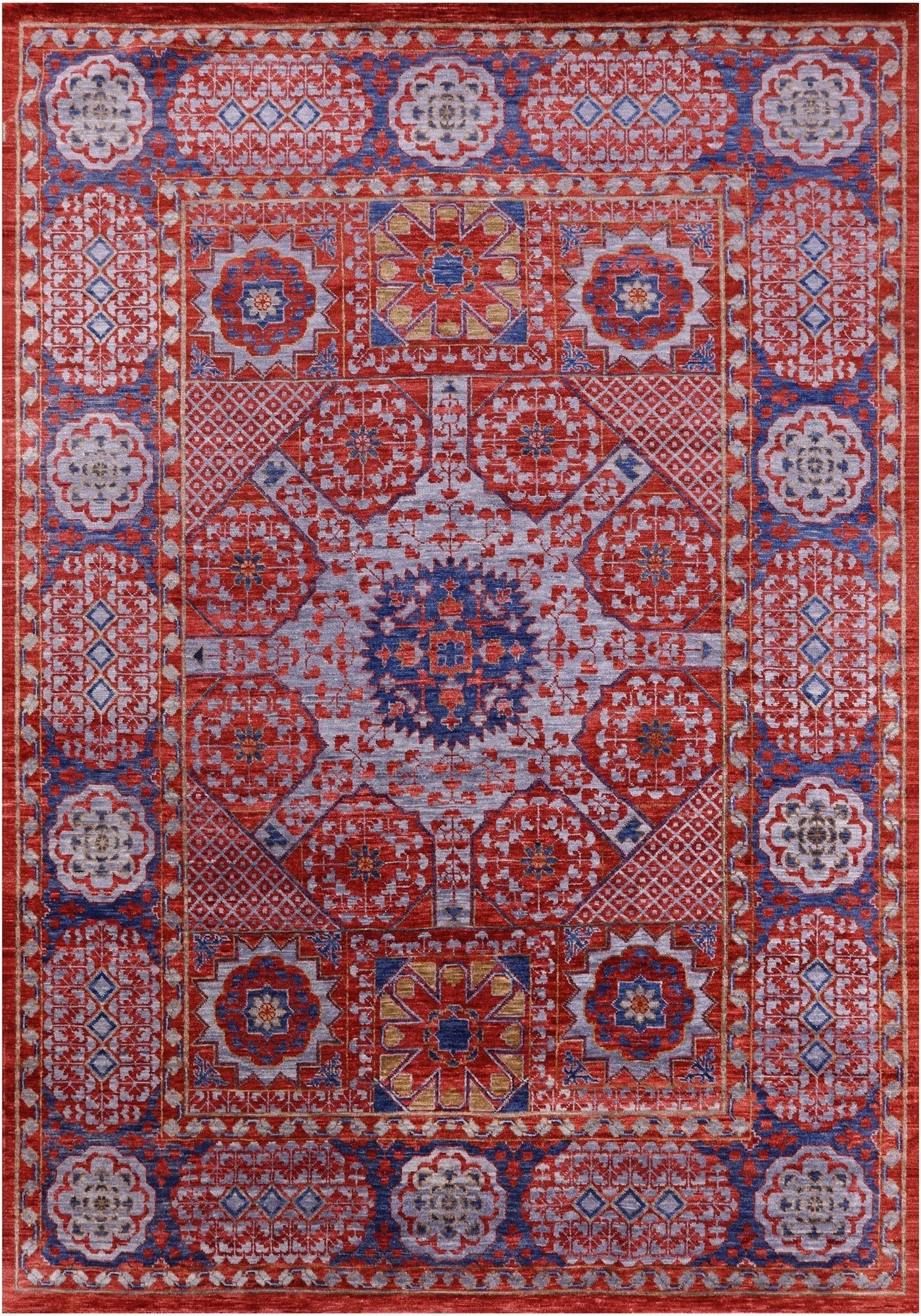 Red Geometric Persian Mamluk Hand Knotted Wool Rug - 10' 2" X 14' 2" - Golden Nile