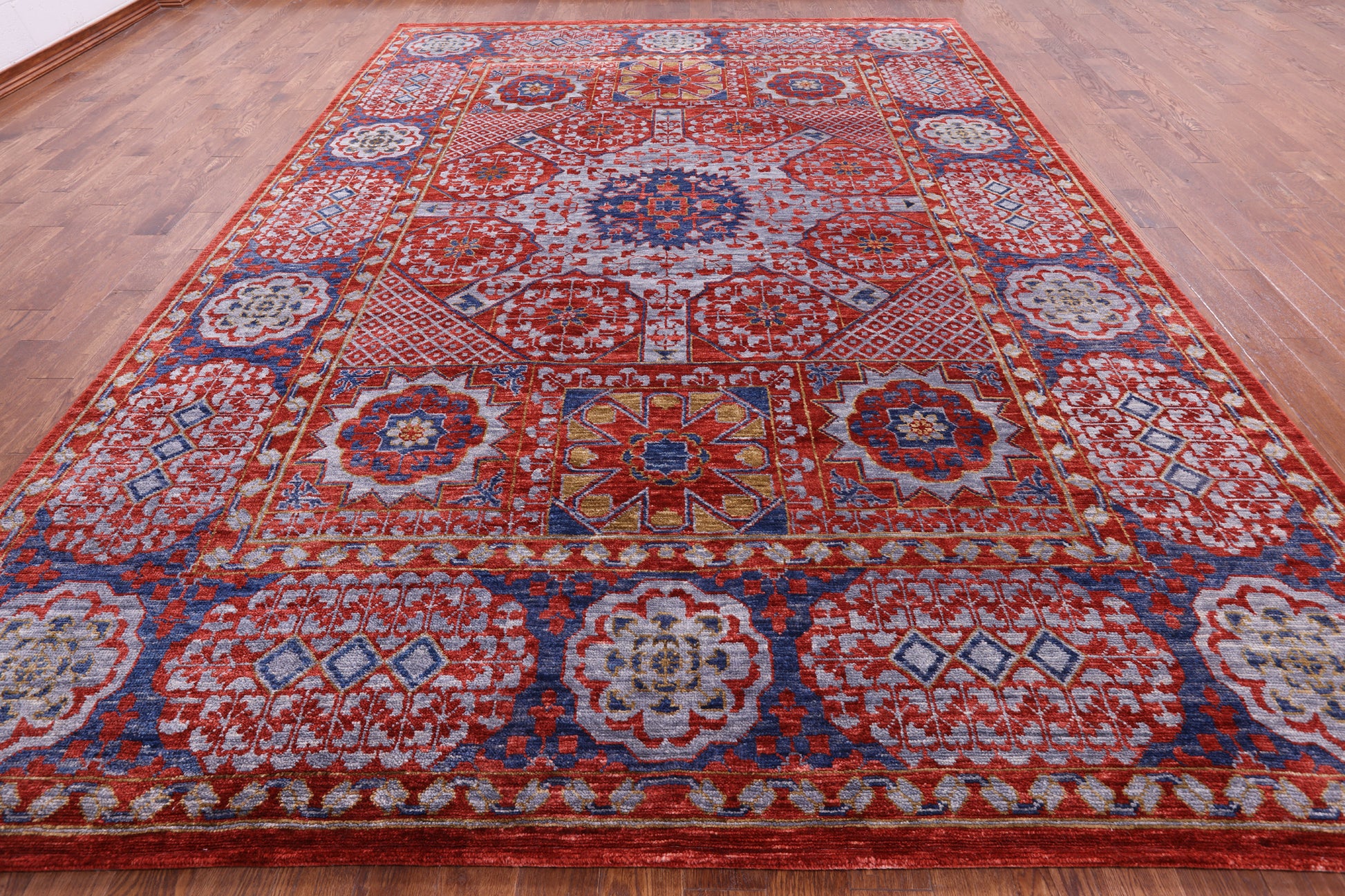 Red Geometric Persian Mamluk Hand Knotted Wool Rug - 10' 2" X 14' 2" - Golden Nile