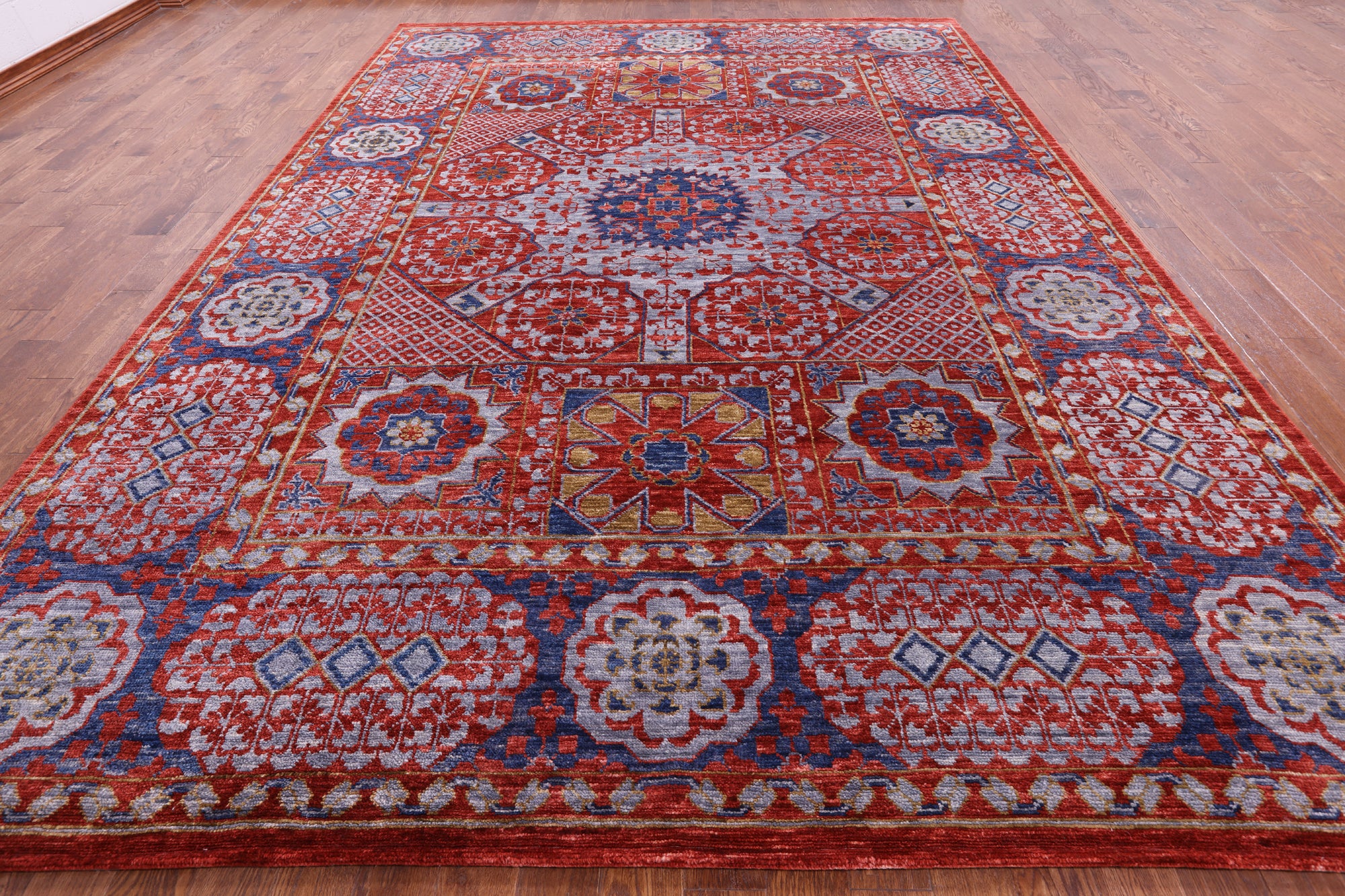 Red Geometric Persian Mamluk Hand Knotted Wool Rug - 10' 2" X 14' 2" - Golden Nile