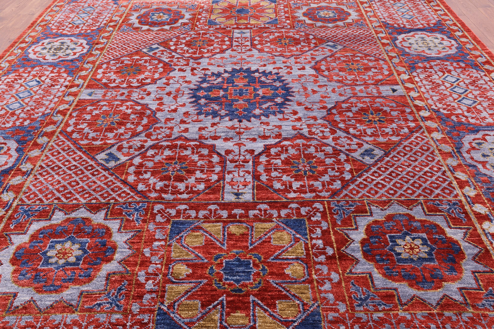 Red Geometric Persian Mamluk Hand Knotted Wool Rug - 10' 2" X 14' 2" - Golden Nile